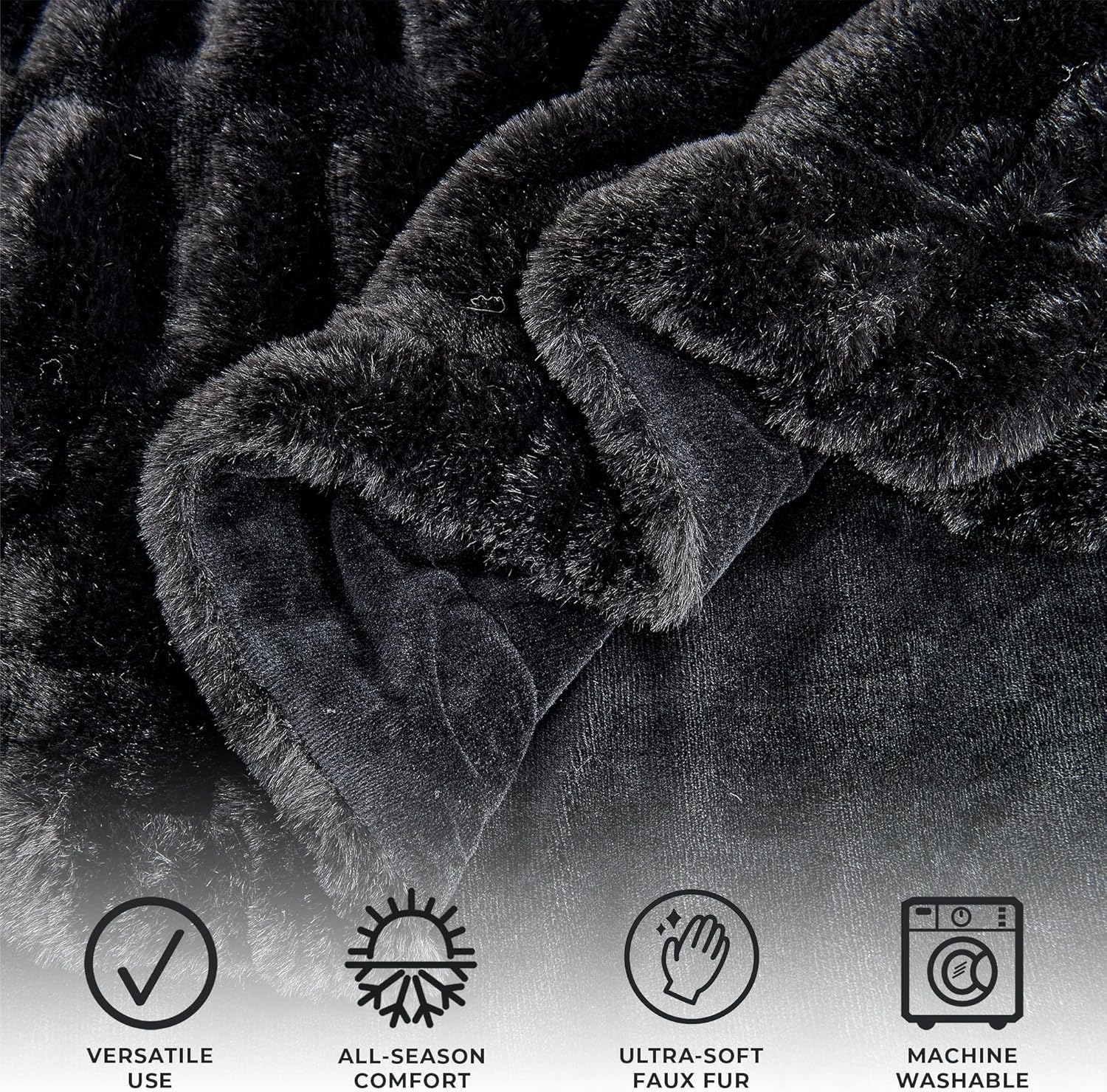 Great Bay Home Fuzzy Ruched Faux Fur Black Throw Blanket | Ultra|Soft Reversible Throw | Thick Throw for Chair, Sofa, or Bed | Warm, Reversible Blanket (Black, 50" x 60")