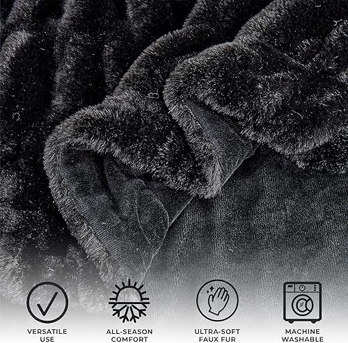 Miniatura 2 de Great Bay Home Manta mullida de piel sintética fruncida, color negro, ultra suave, reversible, manta gruesa para silla, sofá o cama, manta cálida y