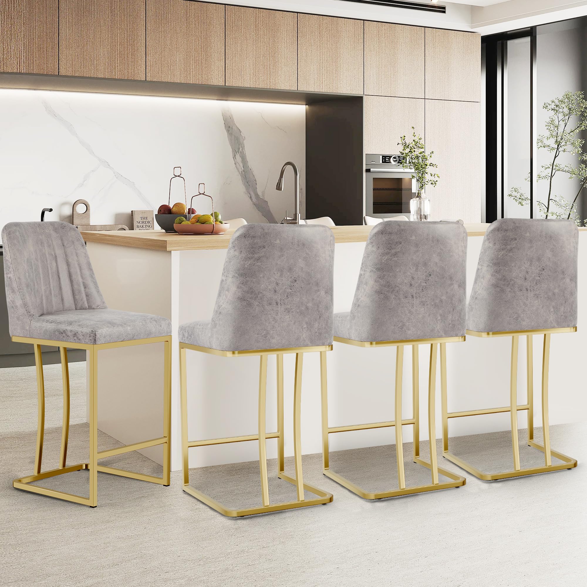 LSSBOUGHT Counter Height Bar Stools Set of 4 24'' Upholstered Padded Barstools with Back Leathaire Counter stools for Kitchen Island Chairs with Gold