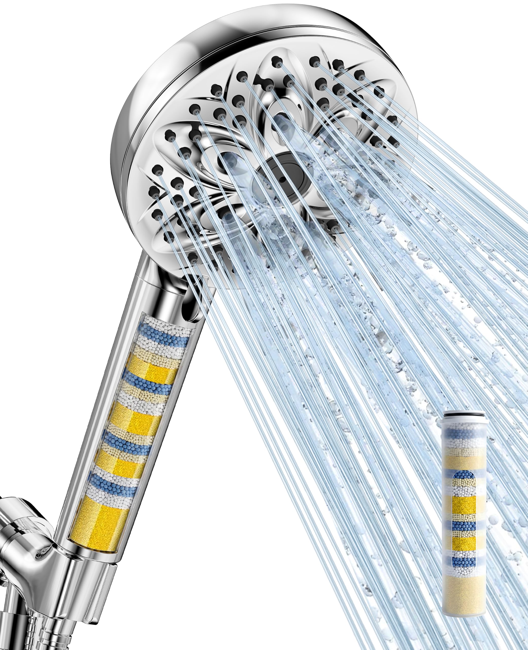 6-Setting Filtered Handheld Shower Head, JDO High Pressure Shower Head with Replaceable Filter Cartridge 4.7 Inch Detachable Showerhead for Chlorine Hard Water Removal 59 Inch Stainless Steel Hose