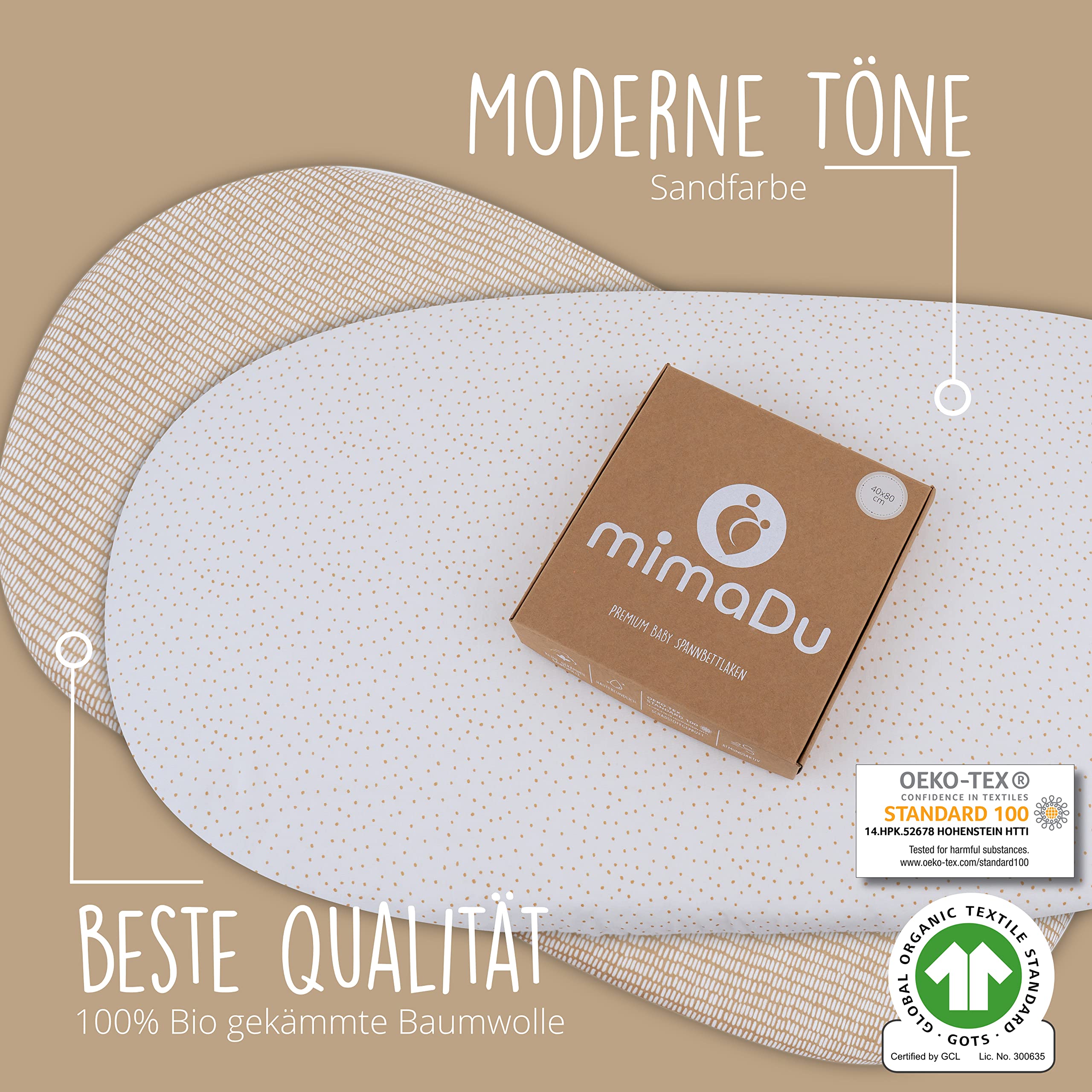 mimaDu Lenzuolo con angoli elasticizzati per passeggino | coprimaterasso culla | 100% cotone biologico 90x40 90x45 80x50 80x53cm (Sabbia)