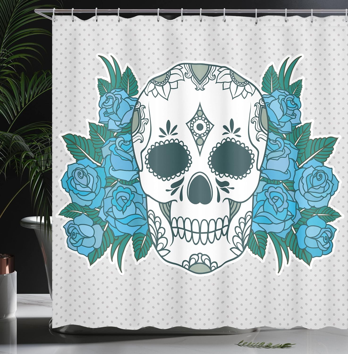 Ambesonne Skull Shower Curtain, Skeleton Head with Oriental Paisley Details Roses Leaves Design, Cloth Fabric Bathroom Decor Set with Hooks, 69" W x 75" L, Fern Green