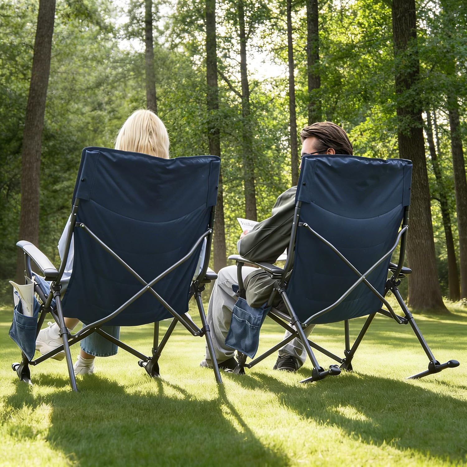 Rocking Camping Chair for Adults, Portable Folding Rocker Chair with Cup Holder and Side Pocket, Outdoor Chair, Navy