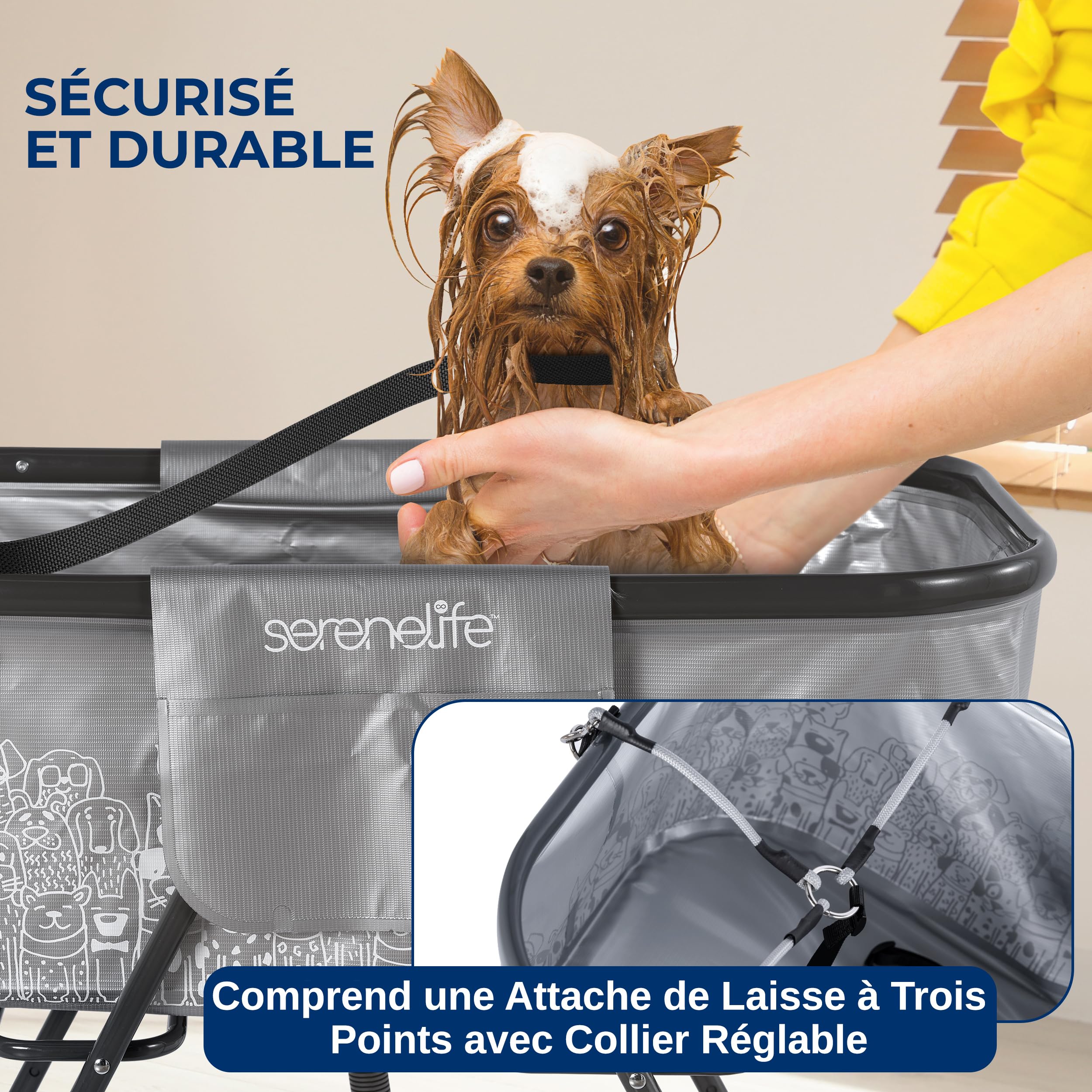 SereneLife Baignoire Pliable pour Chiens avec Hauteur Réglable, Station de Toilettage avec Drainage, Sangle de Sécurité 3 Points et Poches de Rangement, Jusqu’à 59 kg, Soin et Bain pour Chiens & Chats