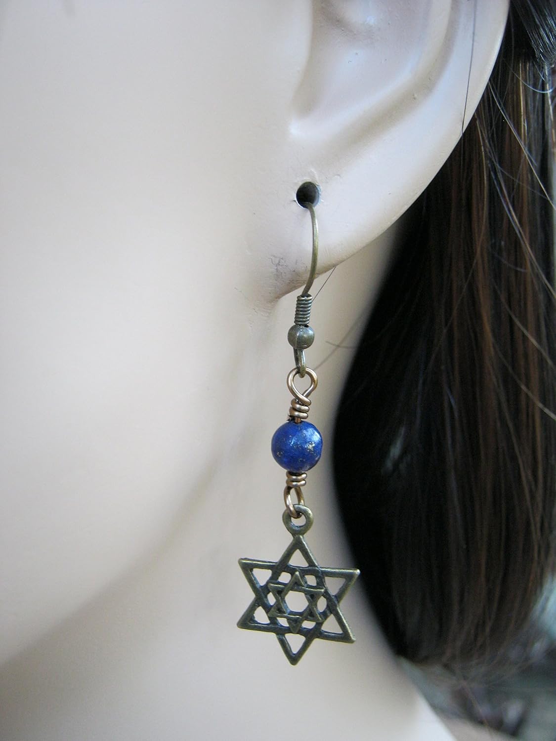 Lapis Star of David Earrings, Judaism Israel Earrings, Lapis Lazuli Jewelry, Antiqued BRONZE and blue Boho Religious Earrings
