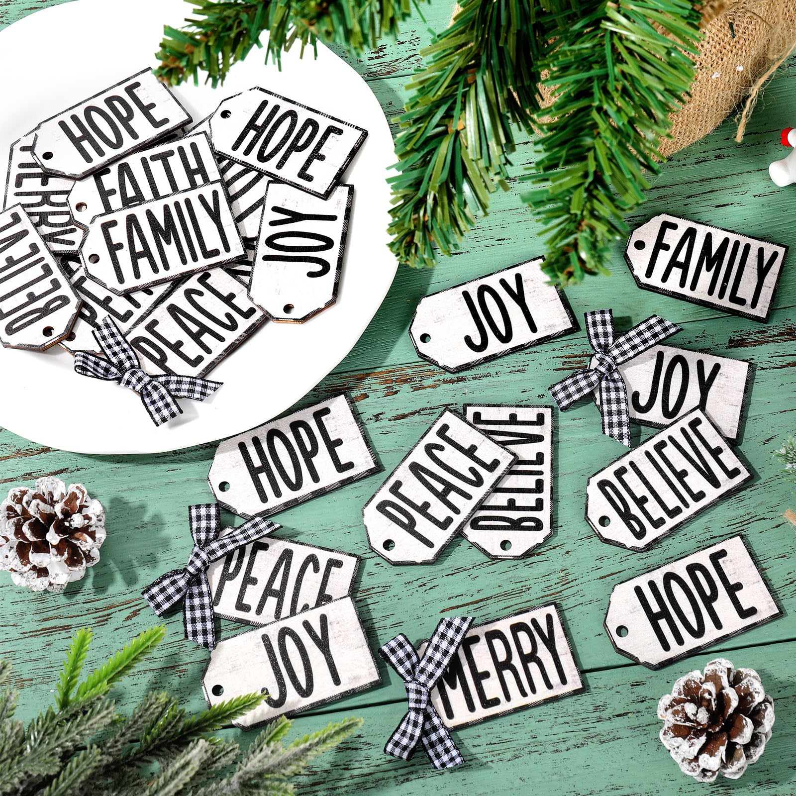 Whaline 80 Stück Weihnachts-Etiketten aus Holz mit Hanfseil, karierte Schleifen, Weihnachtswünsche, Geschenkanhänger, weiß, schwarz, Weihnachts-Hängeetiketten für Winter, Urlaub, Party,
