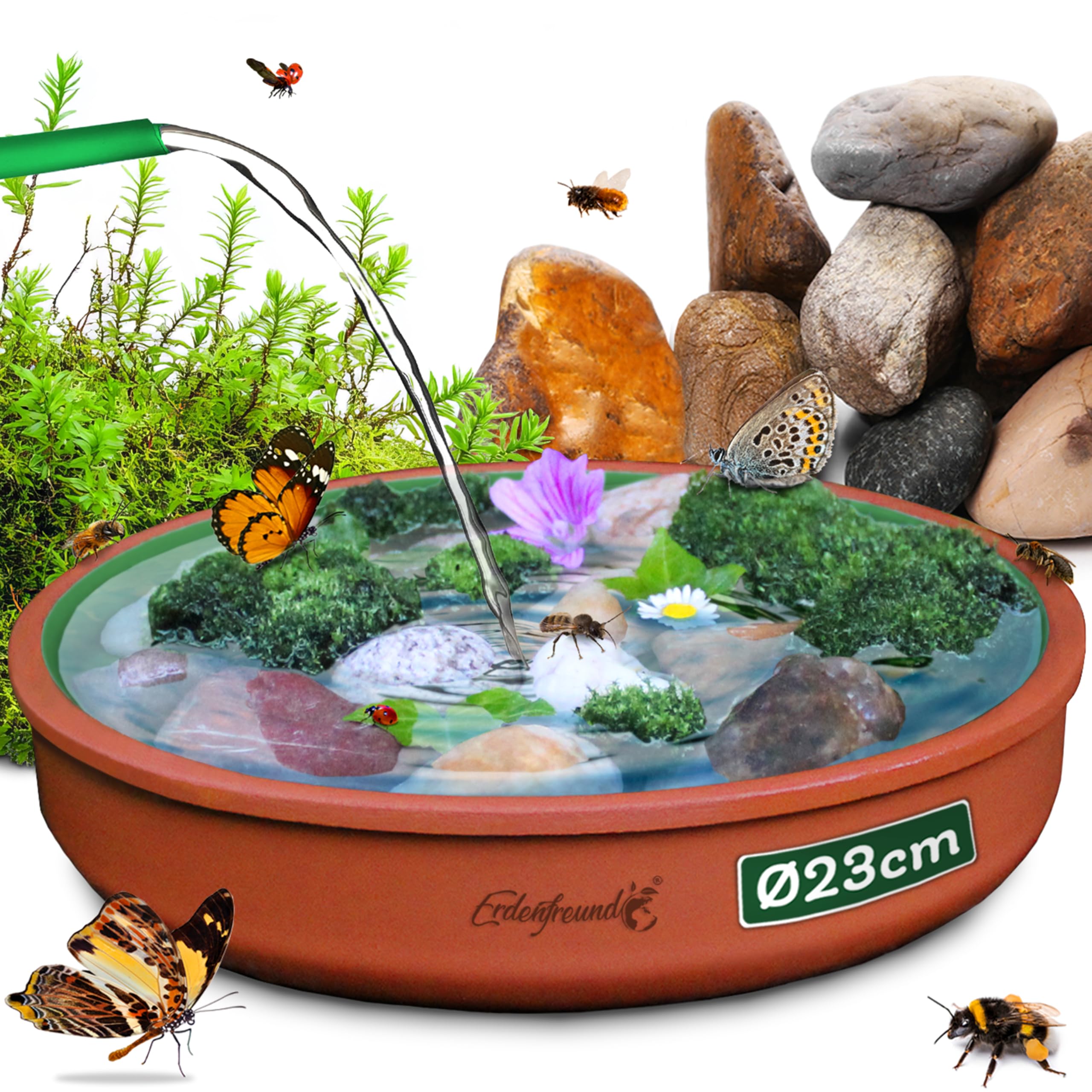 ERDENFREUND® Bienentränke Keramik + Dekosteine >1000°C feuerveredelte Insektentränke Keramik mit Innenglasur moosgrün hygienisch spülmaschinentauglich (Ø23cm Bienentränke inkl. Dekosteinen)