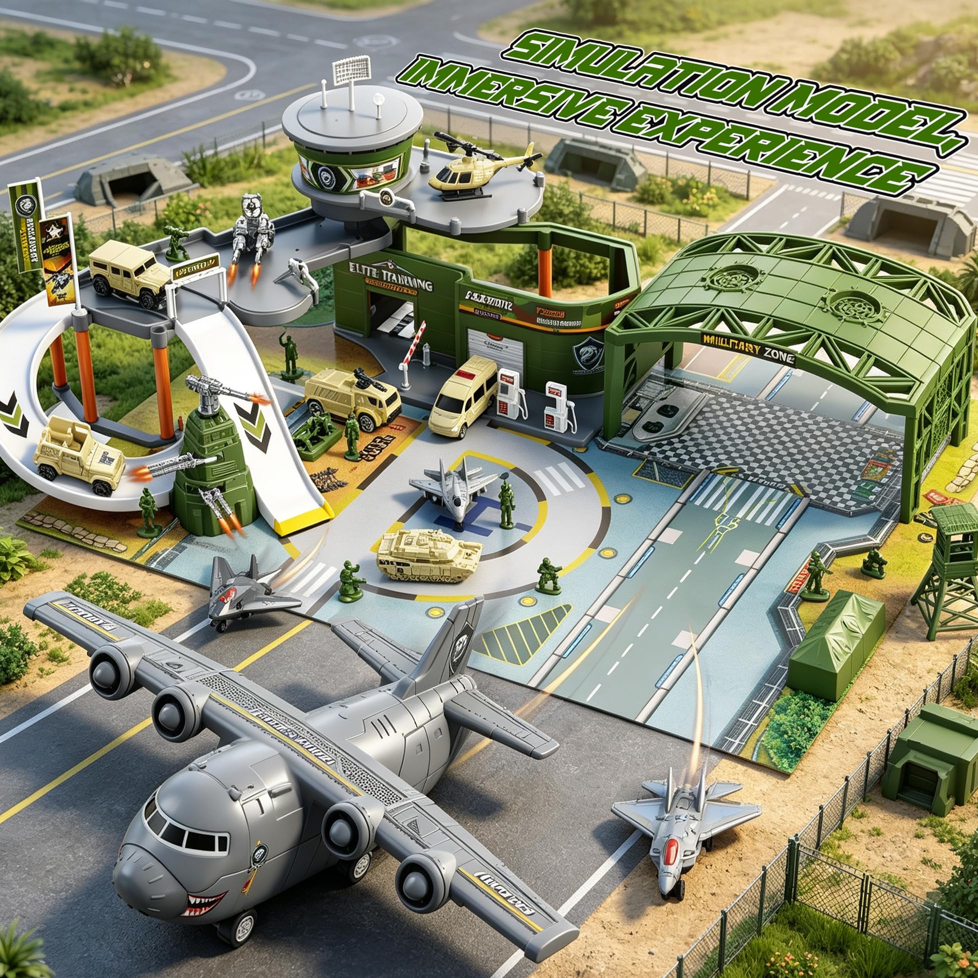 Gioco di base militare con torre di comando, carri armati, elicotteri e aerei, giocattolo educativo per bambini dai 3 anni