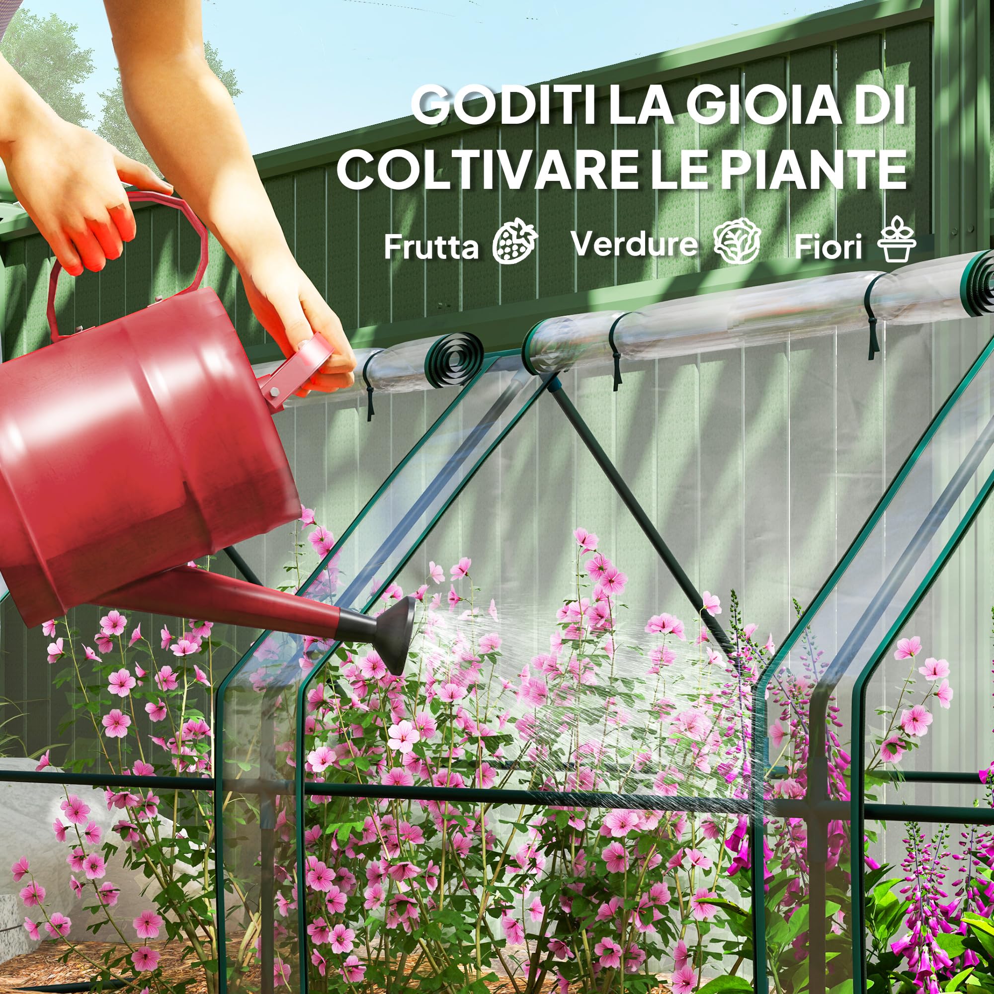 Outsunny Serra da Giardino 4 Porte Avvolgibili 360x90x90 cm Trasparente | a Cerniera, Serra per Orto, Struttura in Acciaio, Copertura PVC, per Orto Verdure Fiori Frutta