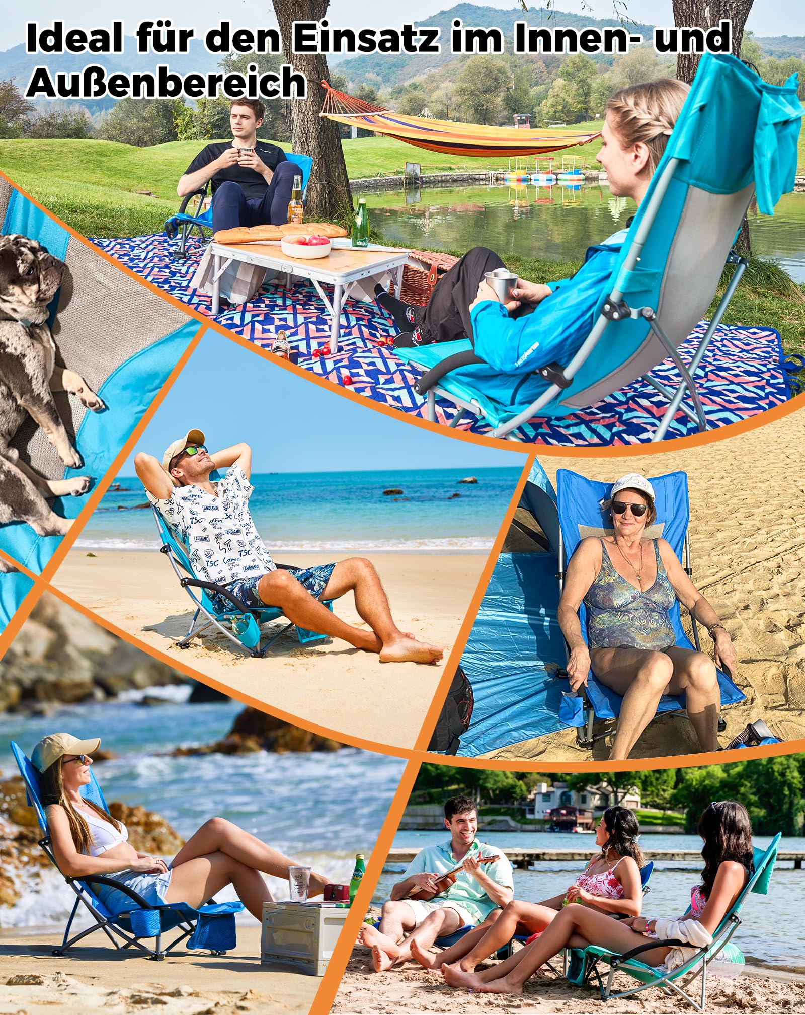 KingCamp Niedrig Strandstuhl Klappbar Leicht, bis 180 kg Belastbar, Campingstuhl Strandstuhl Faltbar mit Hohe Netzrückenlehne, Klappstuhl Strand mit Getränkehalter Netztasche, Strandsessel Cyan
