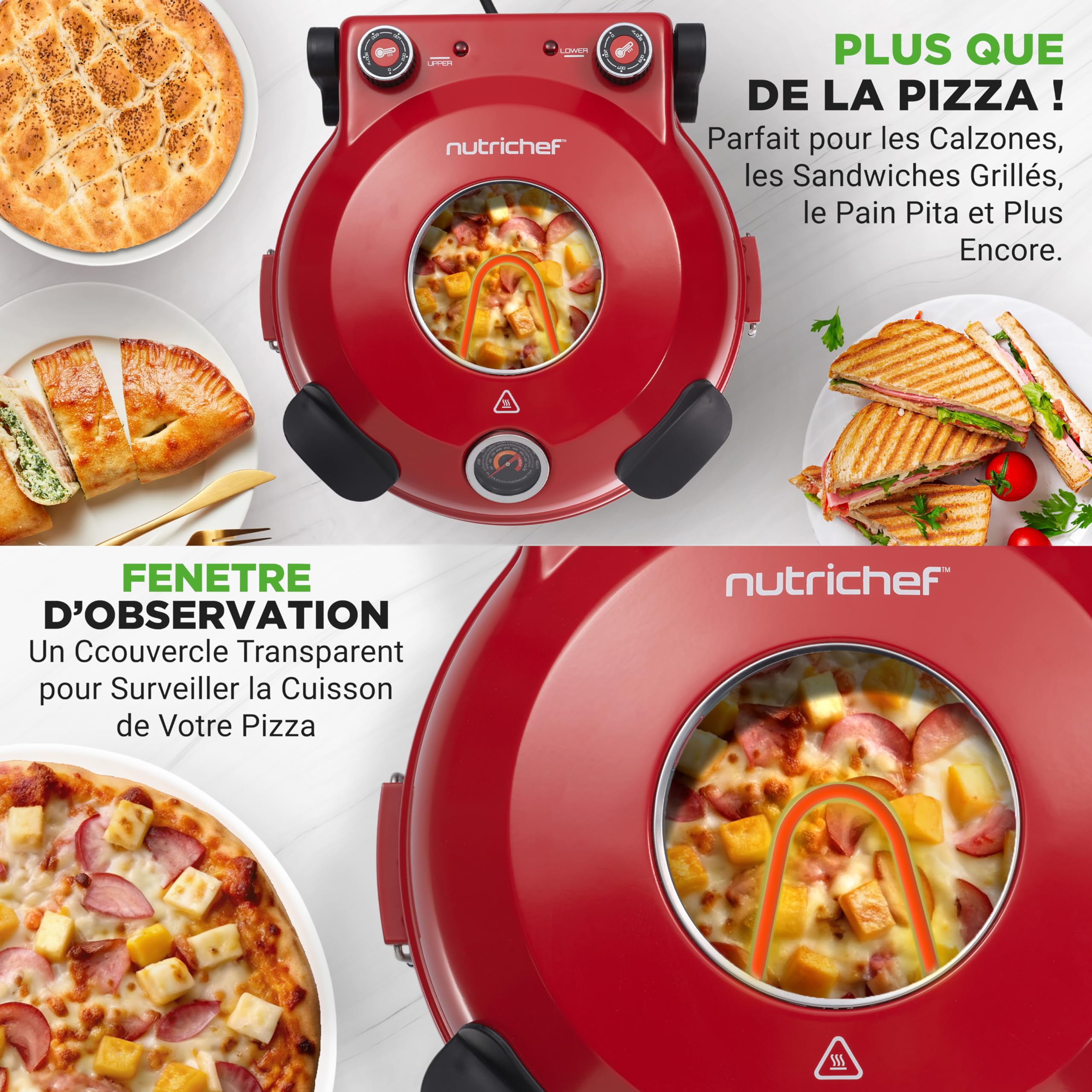 NutriChef Four à Pizza Électrique – Pierre à pizza Ø30 cm avec Thermostat et Thermomètre | Chauffe Jusqu’à 425°C | Cuisson Rapide | Fenêtre de Cuisson | Facile à Nettoyer - Rouge