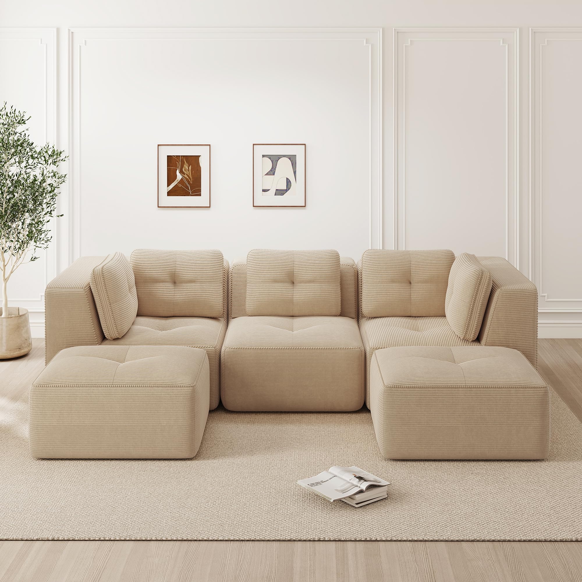 Bladez Sofá modular en forma de U, sofá de 3 plazas moderno de cordón con reposapiés, sofá de asiento profundo sin costuras sin montaje, sofá comprimido, para sala de estar (Beige, 3 plazas+2)