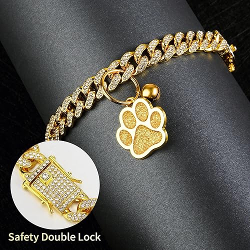 Miniatura 10 de Hillban Collar de gato con cadena de diamantes, collar de metal con purpurina para caminar con hebilla segura, collar para gatos y mascotas con