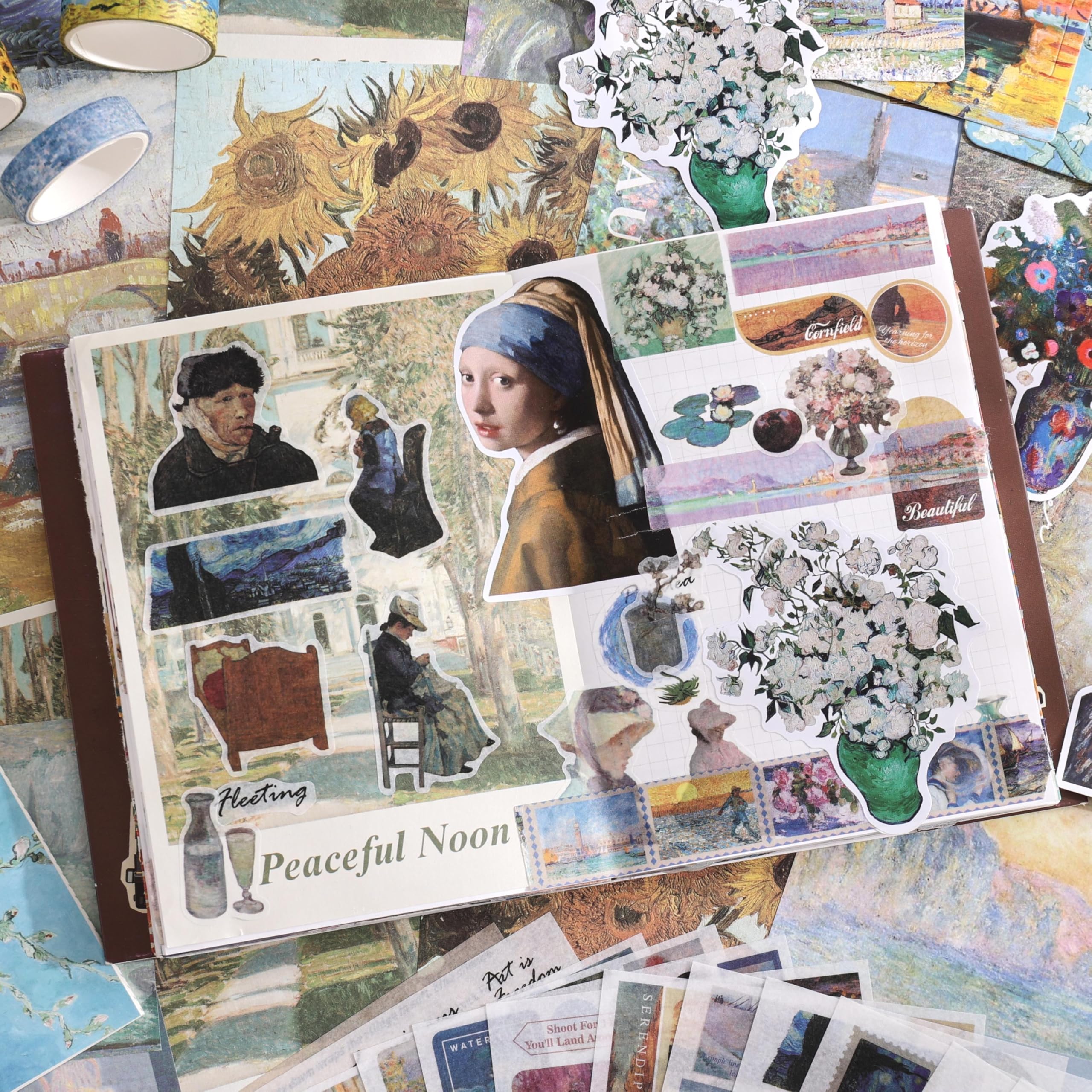Kit di forniture per scrapbooking, Monet Van Gogh, kit per album di ritagli a tema pittura a olio per bullet junk, 12 rotoli di nastro Washi, fogli adesivi per forniture di diario fai da te, regalo