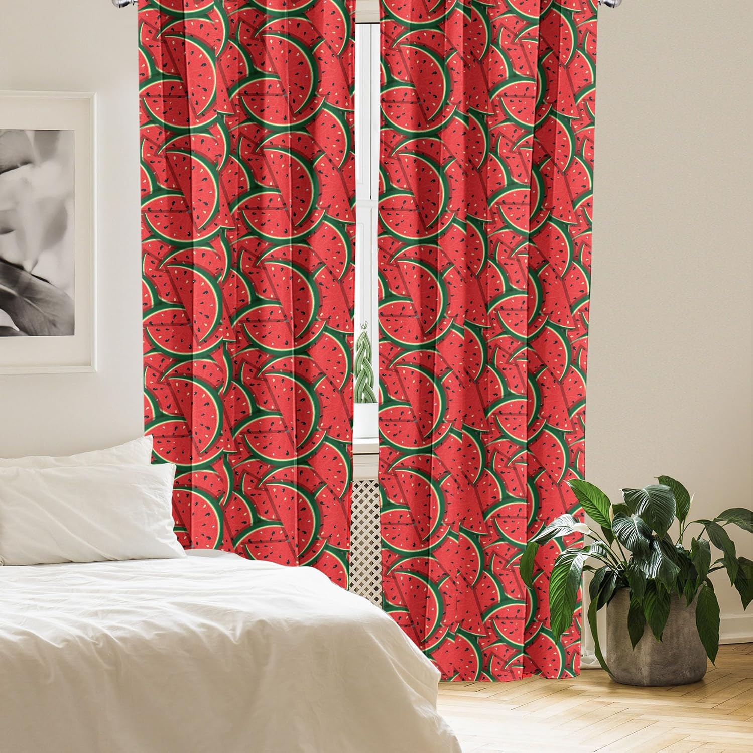 Ambesonne Fruits Curtains, Whimsical Watermelon Slices Summer Season Tropical Theme Illustration Print, Window Treatments 2 Panel Set for Living Room Bedroom, Pair of - 28" x 84", Hunter Green Red