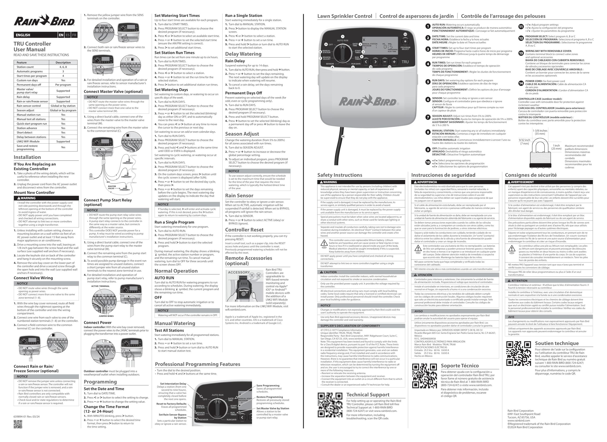 Rain Bird TRU6I Contrôleur/minuteur d'irrigation d'intérieur basé sur programme, compatible WiFi, 6 zones/station