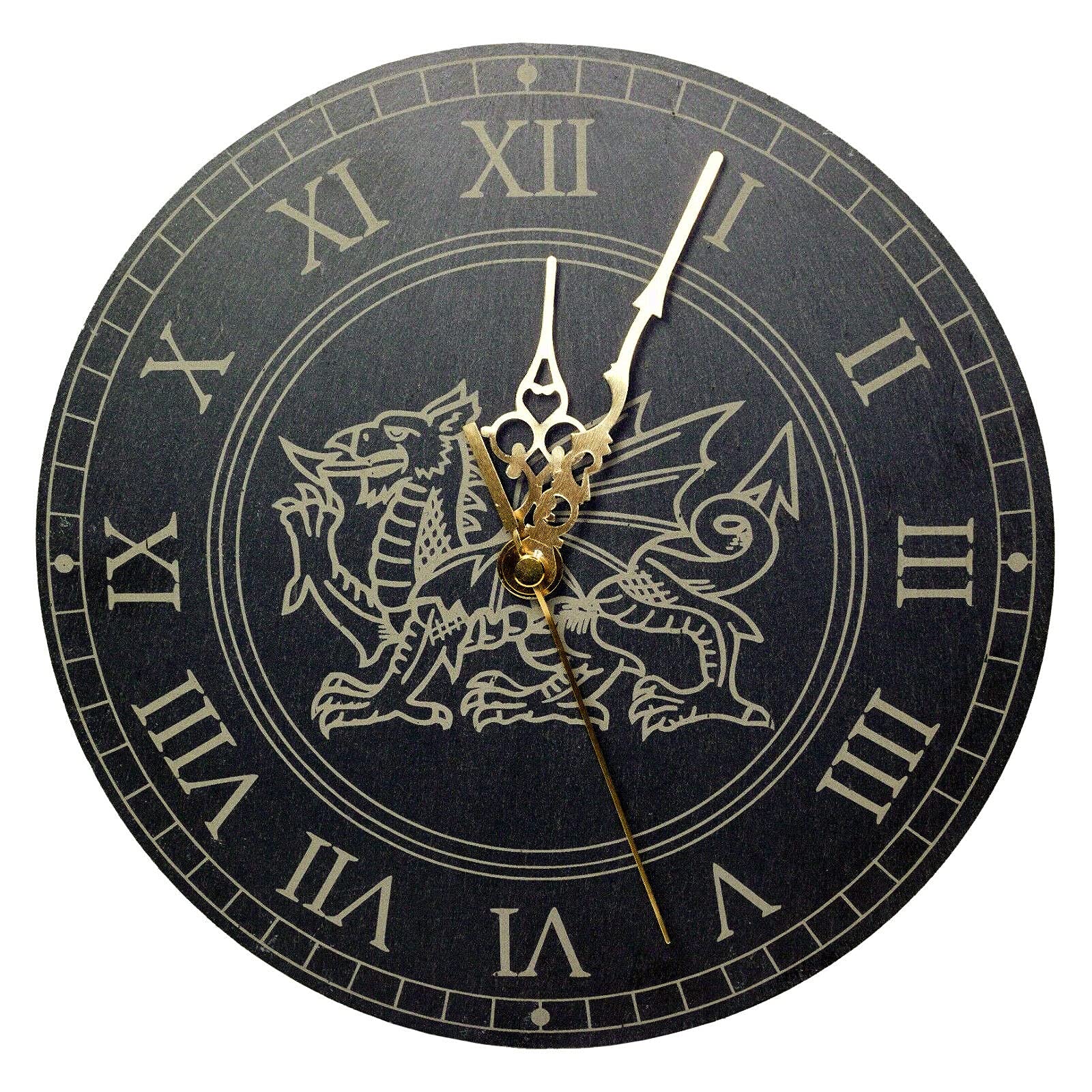 County Engraving Black Genuine Welsh Slate Wall Clock With Welsh Dragon Design, Silent Non-Ticking (Rn)