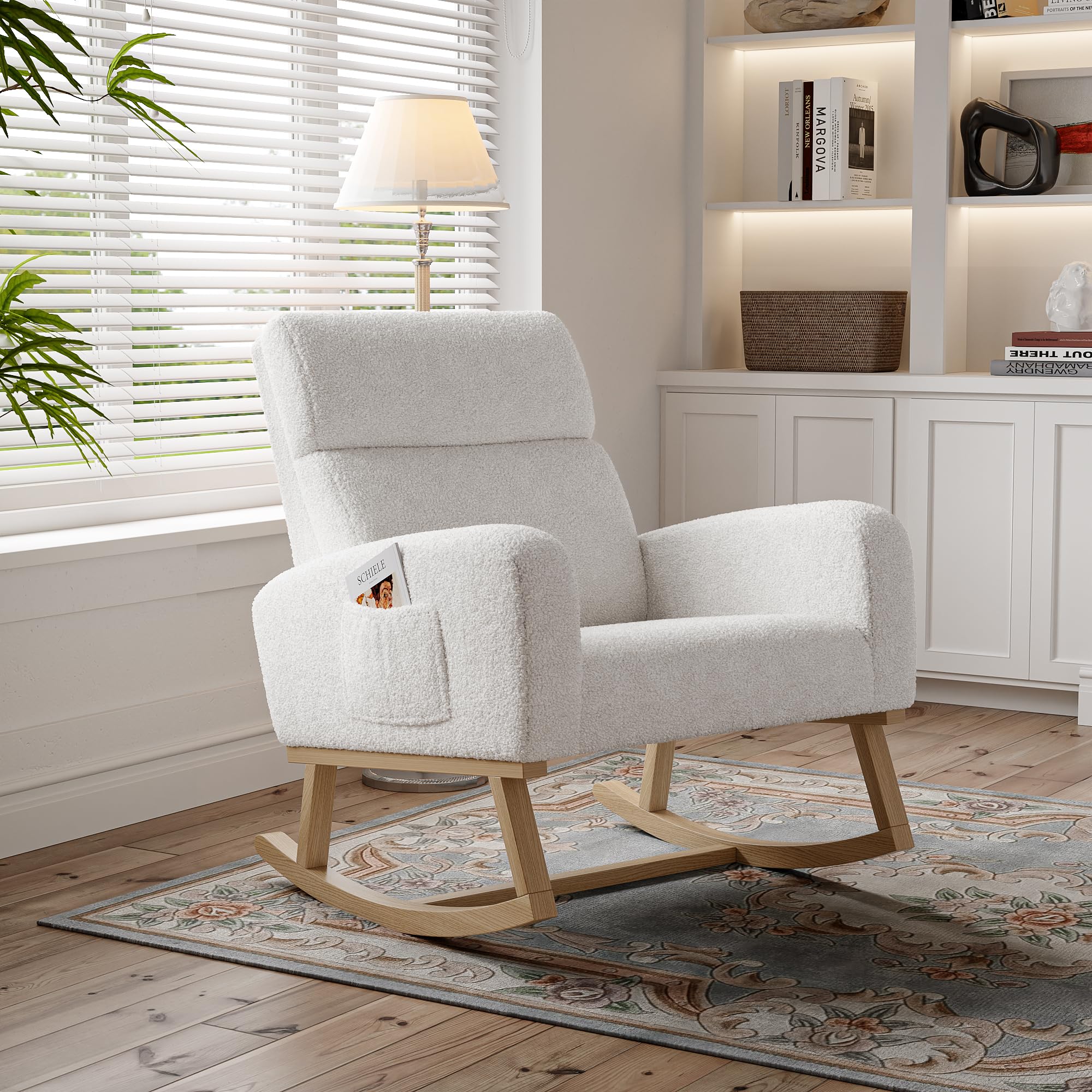 FEEOHOME Fotel bujany, fotel bujany, fotel do pokoju dziecięcego z drewnianymi nogami, fotel do karmienia piersią do sypialni i salonu (biały aksamit Teddy)
