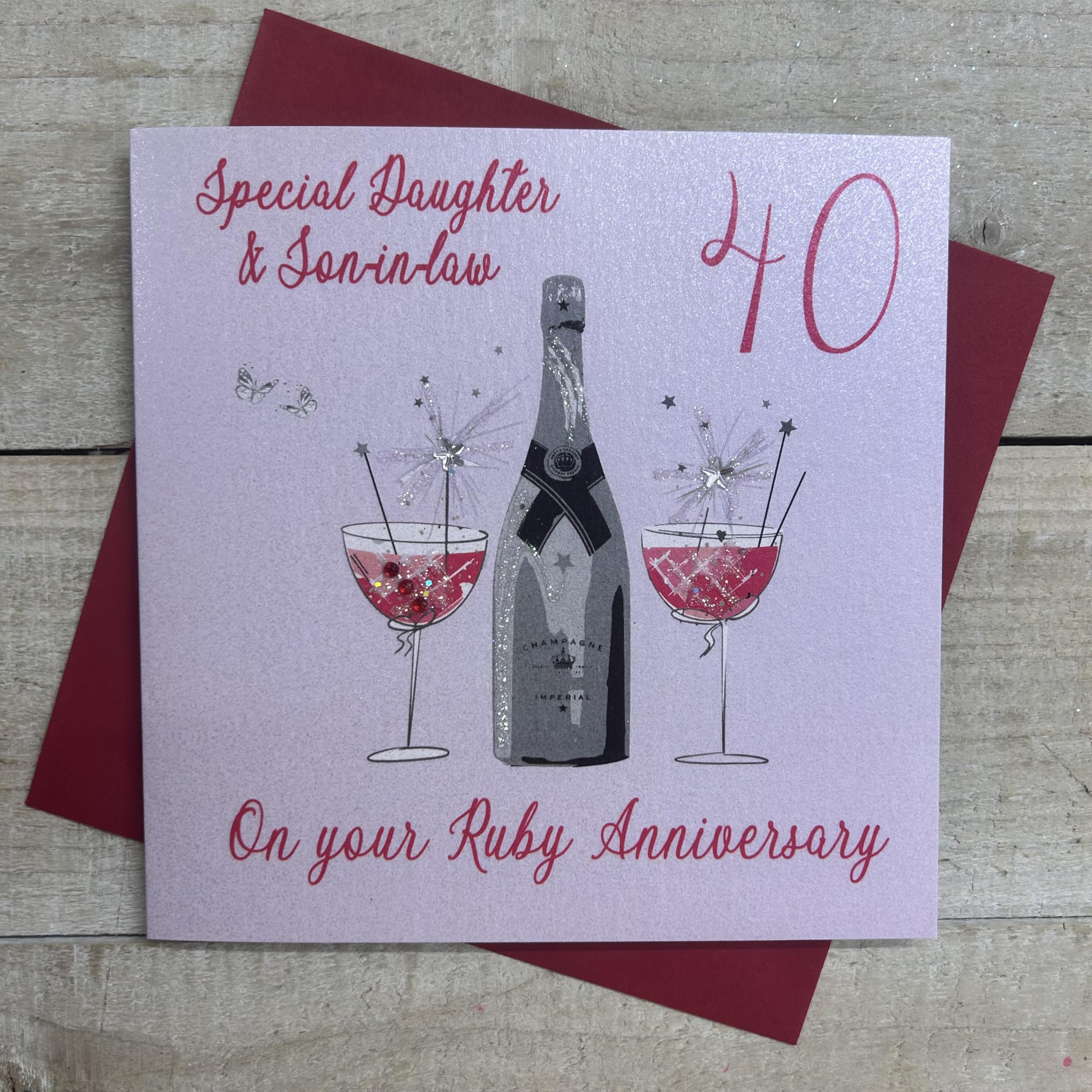 WHITE COTTON CARDS DAUGHTER & SON-IN-LAW - 40TH RUBY ANNIVERSARY CARD, HANDMADE (DAA40-DS)