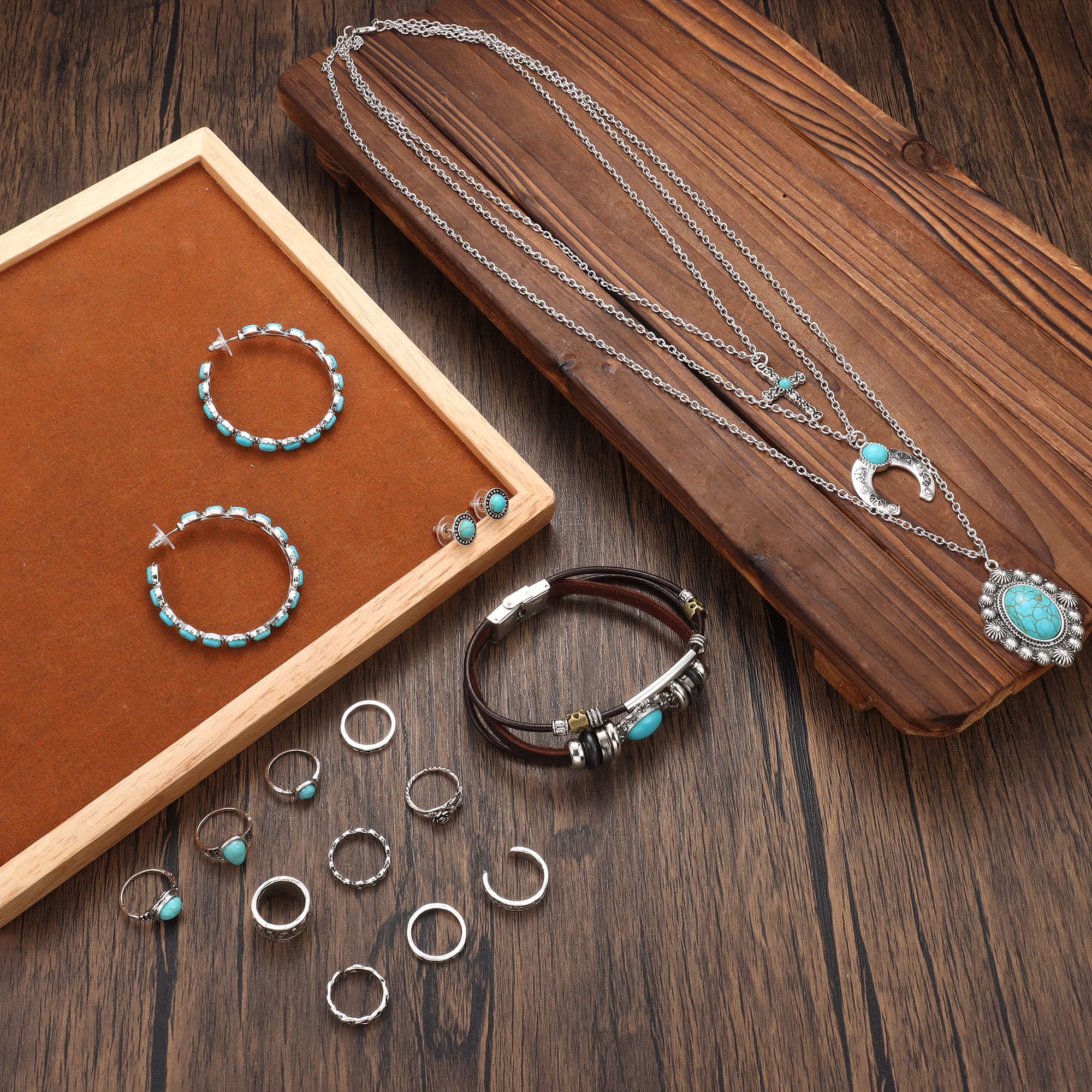 Milacolato Biżuteria zachodnia dla kobiet naszyjnik turkusowy wisiorek western drop kolczyki turkusowe sztuczne skórzane paski warstwowe Boho Knuckle Rings Set Bohemian Jewelry Set