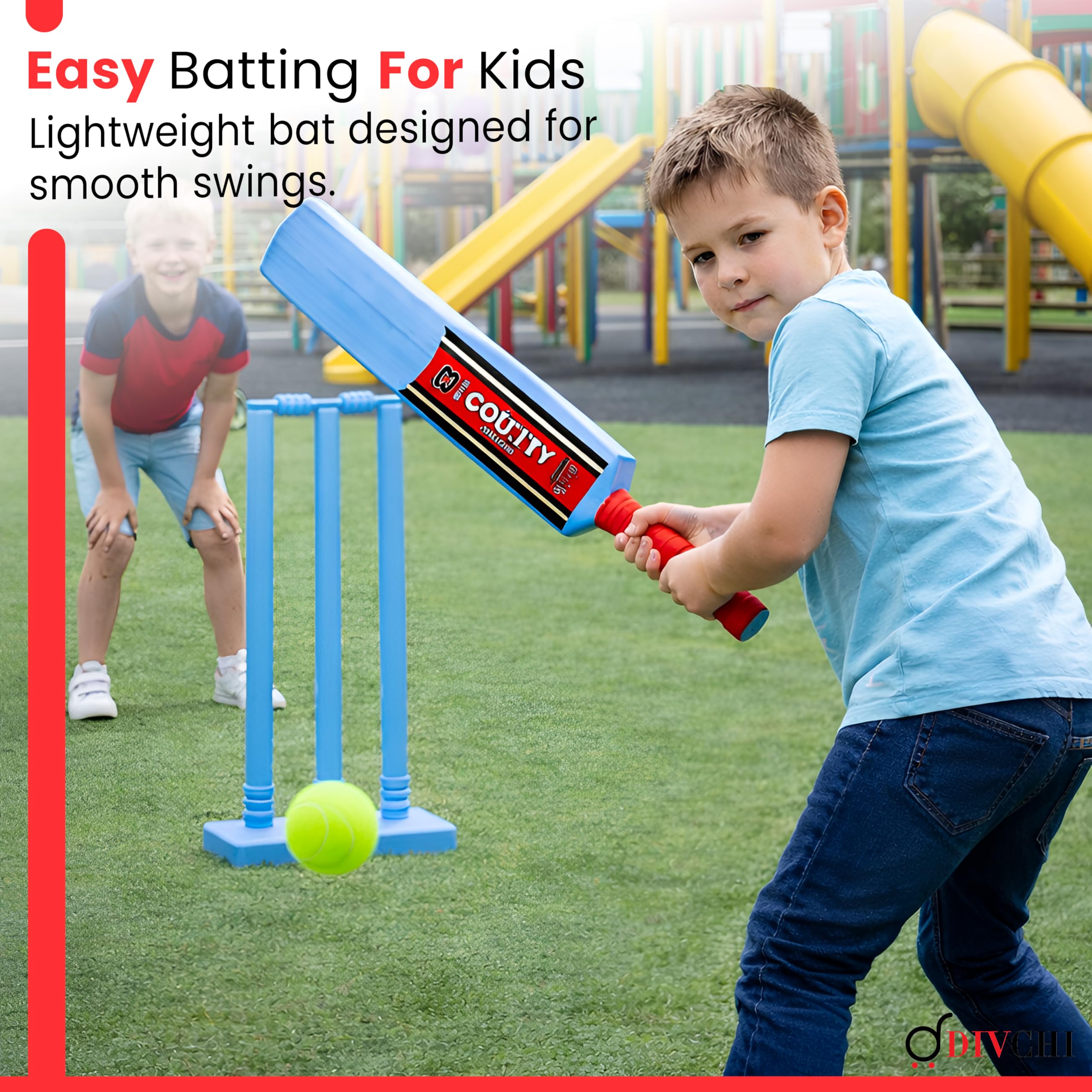 DIVCHI Kinder-Cricket-Set Größe 3 – Komplettes Kinder Set mit Kunststoffschläger Wickets Ballständer und -Tasche Ideal für Cricket-Spiele im Freien im Garten oder auf der Straße für Jungen und Mädchen