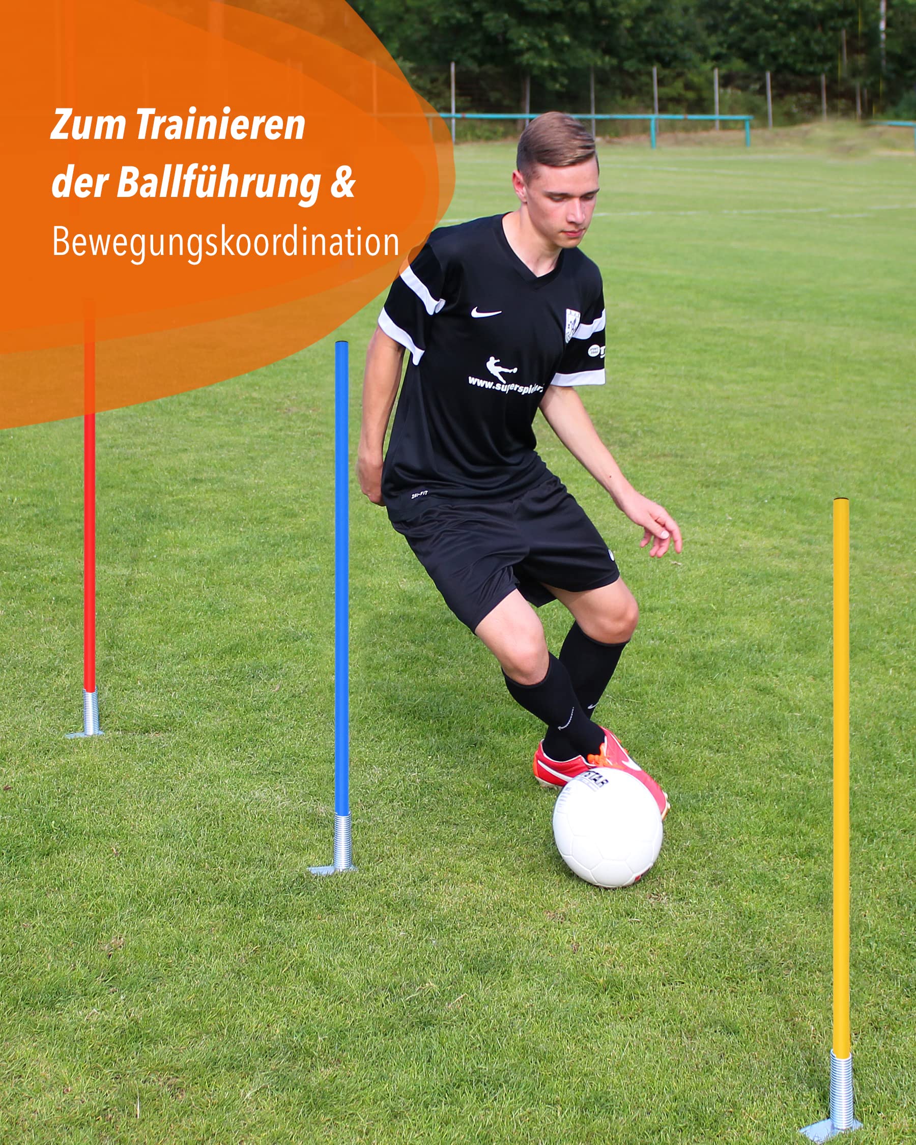 Kombi-Kippfuß aus Metall mit Slalomstange 100 cm – 4er Set – Stange mit Federgelenk – Slalom- & Koordinationstraining – für Fußball, Leichtathletik & Hundesport – Agility-Stangen