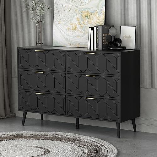 Goujxcy Cómoda de 6 cajones cómoda moderna cómoda de madera con cajones anchos de almacenamiento cómoda doble de 6 cajones para sala de estar