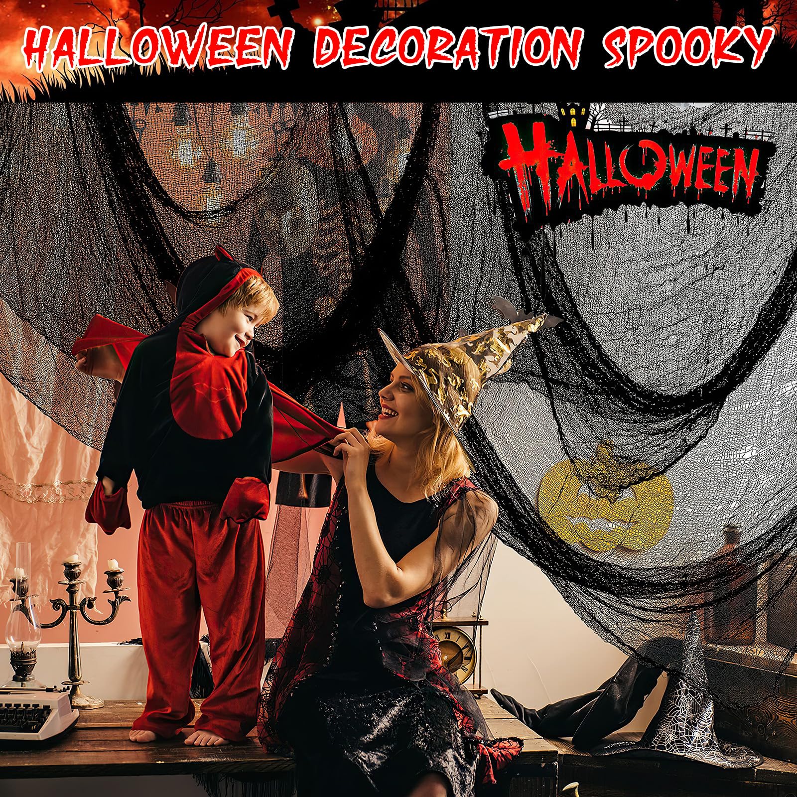 5 Pezzi Tessuto Nero Halloween 76 x 183 cm, Garza Nera Horror per Atmosfera Mistica, Ideale per Porte, Sale, Balconi e Finestre, Decorazioni di Halloween