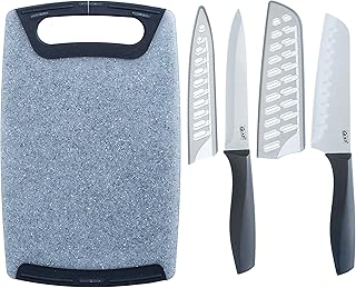 Glad Knife Set with Cutting Board, 5 Pieces | Sharp Santoku and Utility Knives with Blade Covers and Plastic Chopping Bloc...