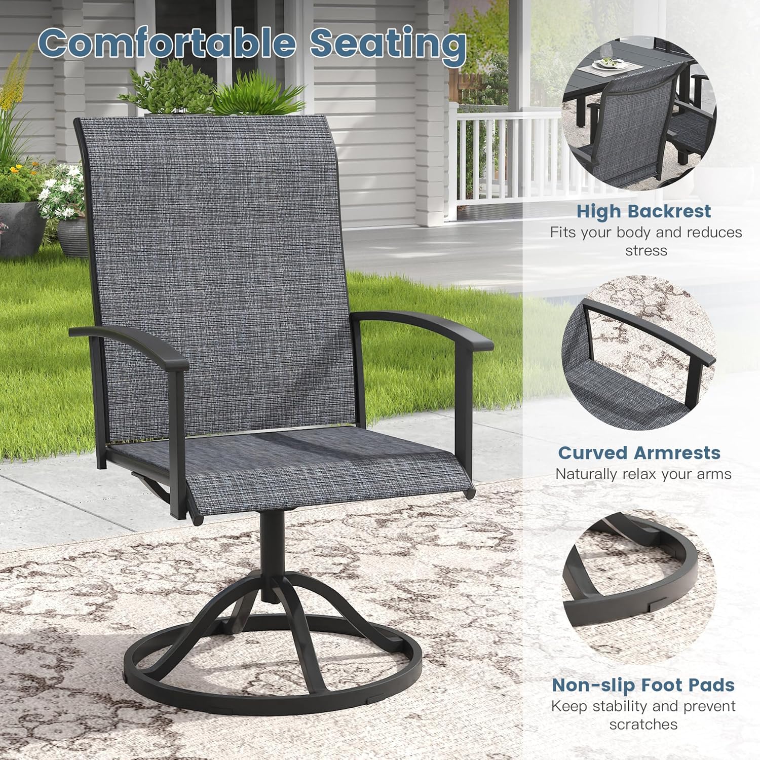 DIFY 5 Pieces Outdoor Dining Set for 4, 47.2" Black Round Metal Table with Umbrella Hole and Dark Grey Textilene Swivel Patio Chairs, Patio Table and Chairs Set for Garden, Backyard, Poolside