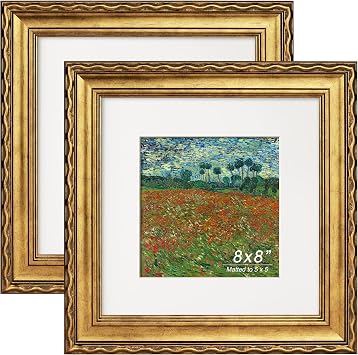 Gold 8x8 Picture Frame, Embossing Ornate Photo Frame with Real Glass, Fit for 2 Sizes with Paper Mat for 5x5 or 8x8 without Mat, Wall Mount and Table Top Display, 2 Pack