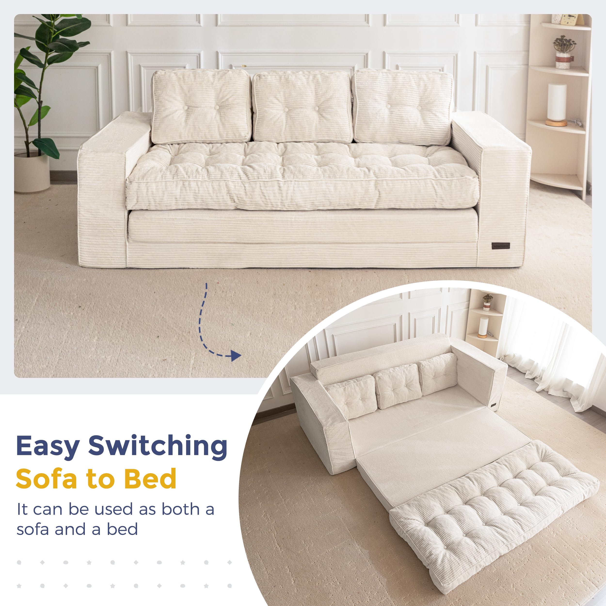 MAXYOYO Bodensofa Schlafsofa 190cm Breit mit Kissen, 2-in-1 Klappbar Cord Sofa 3 Sitzer mit Schlaffunktion, Liegefläche 101x196CM für Wohnzimmer, Schlafzimmer, Lounge | Ausziehbares Schlafsofa mit 2 Kissen, bequemes 2-in-1-Schlafsofa 3-Sitzer, 190x85 cm,