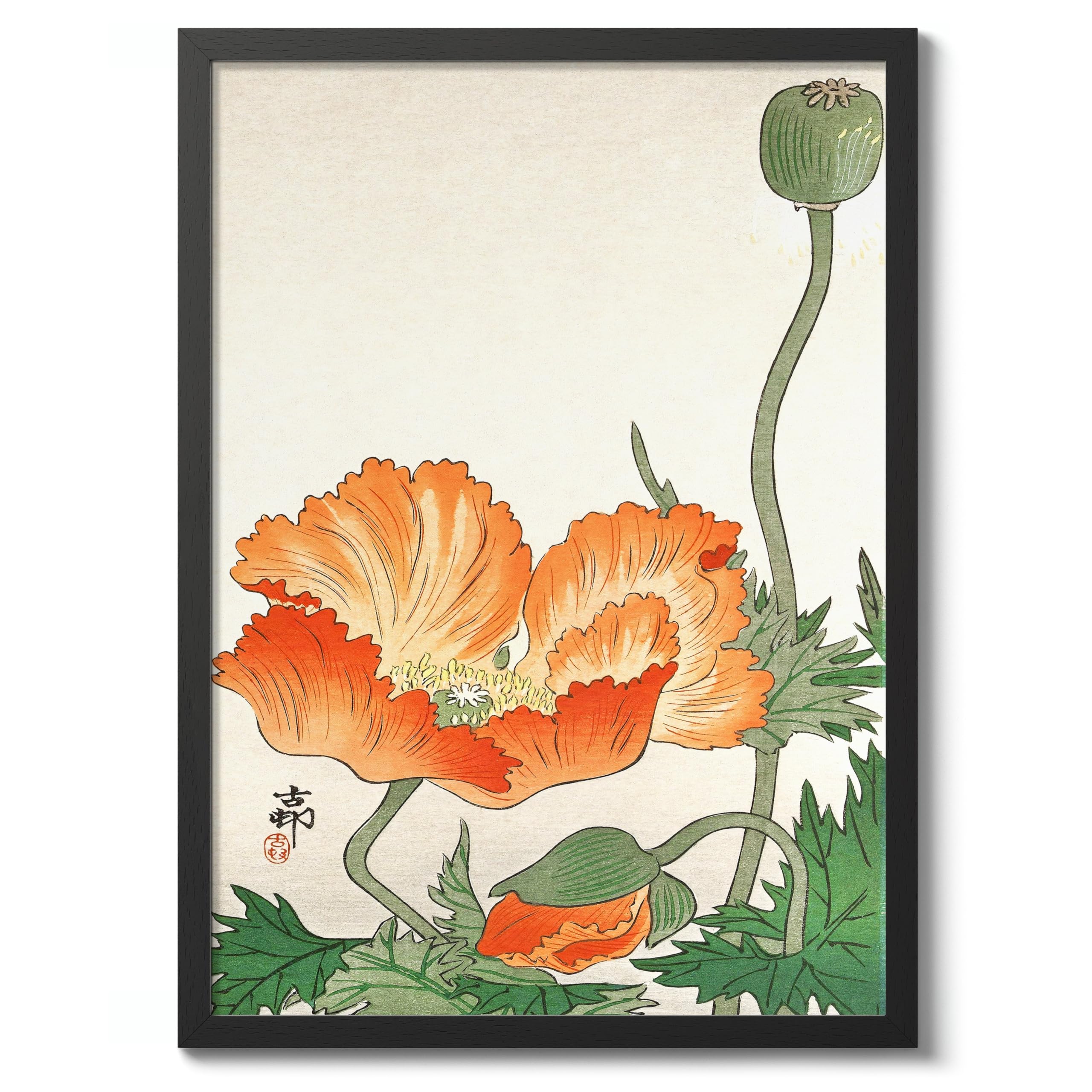 Orange Flower Ohara Koson Poster, Japanese Woodblock Ukiyo-E Print, Vintage Nature Art Picture Animal Painting Wall Art Exhibition, Japan Artwork Home Decor, A4 (Black Frame) - 32.7x24.1cm