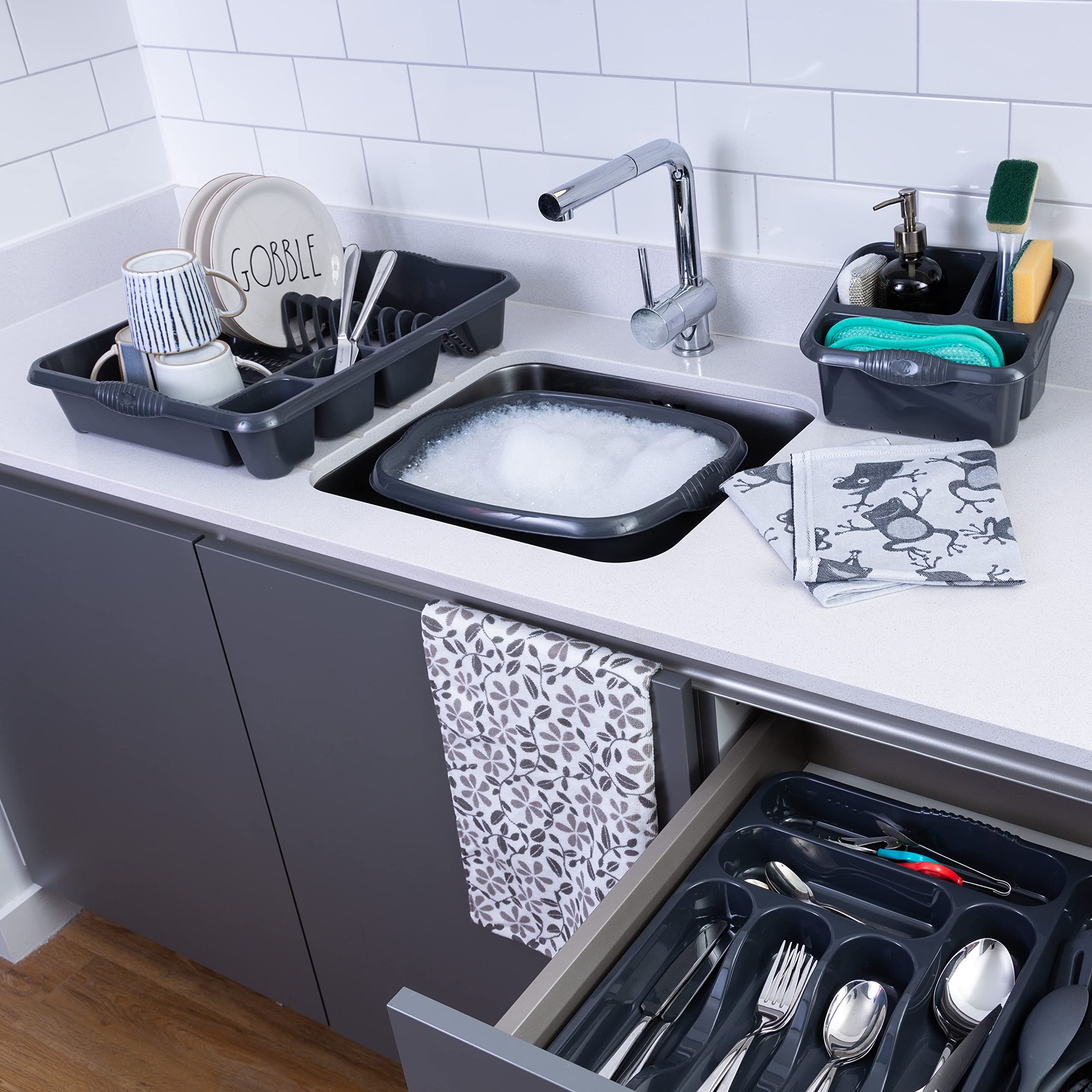 Wham 4 Piece Casa Plastic Kitchen Set (38cm Rectangular Bowl, Large Cutlery Tray, Large Dish Drainer & Sink Tidy) (Midnight)