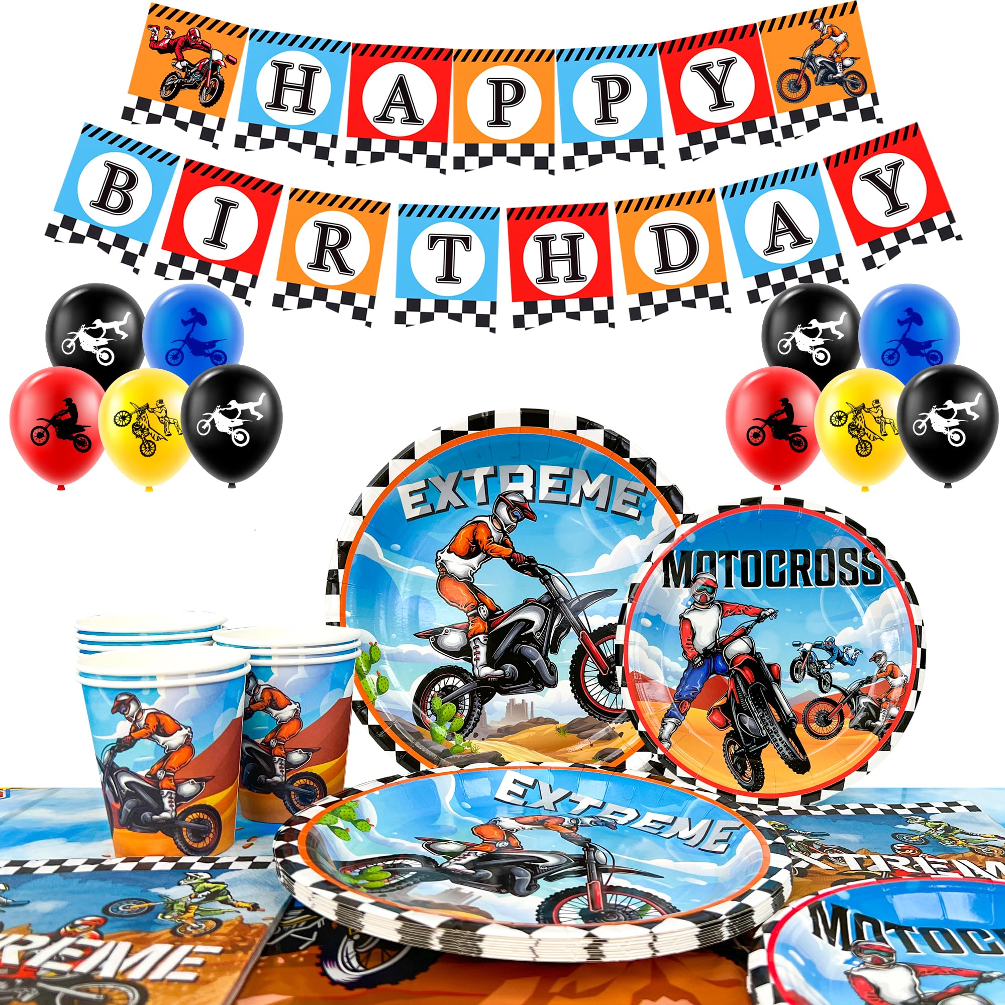 Dirt Bike Party Supplies,10 Guests Dirt Bike Birthday Decorations & Dirt Bike Party Tableware Set - Motocross Decorations Plates Tablecloth Balloons etc Motocross Birthday Supplies
