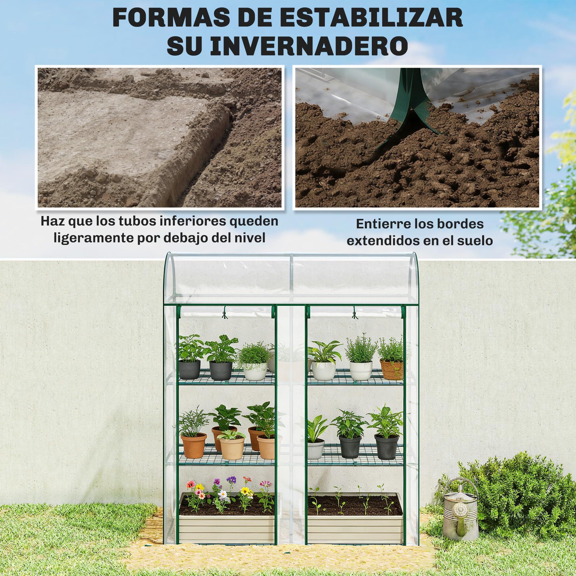 Outsunny Invernadero Pequeño de 3 Niveles, Invernadero de Exterior con 2 Puertas Enrollables, Marco de Acero y Cubierta de Plástico Anti-UV para Cultivar Plantas, Flores, 143x46x164 cm, Transparente