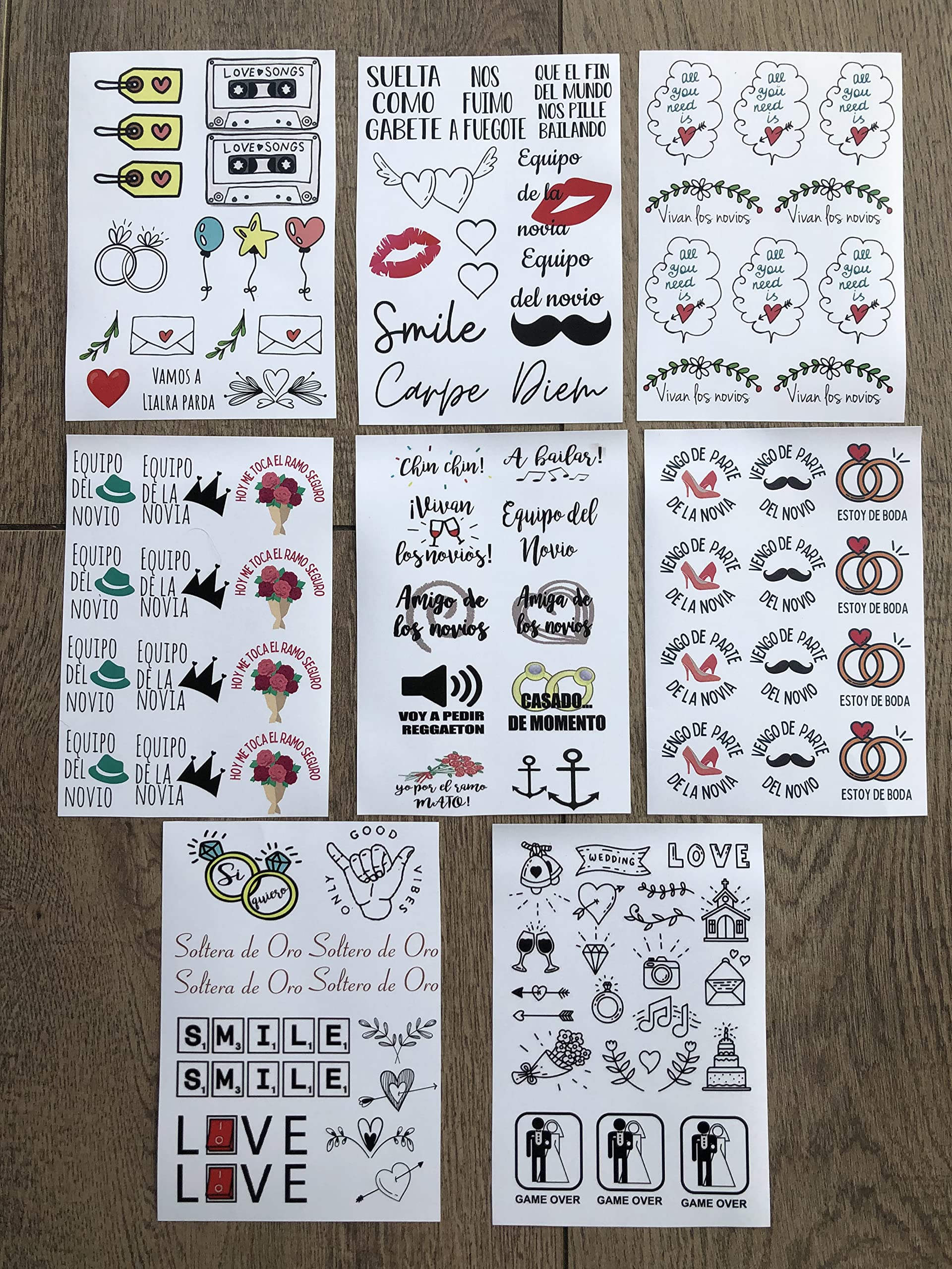 Uvimark - Chapas y Tatuajes temporales boda - Más de 100 Chapas y 100 calcomanías para boda - Calcamonías para bodas con diseños variados - Tatuajes para bodas