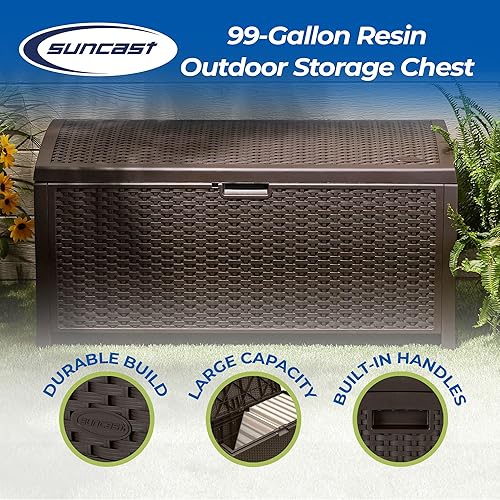 Miniatura 2 de Suncast Caja de mimbre de plástico de 99 galones para jardín, garaje, hogar, piscina, uso en interiores y exteriores, color moca (paquete de 2)
