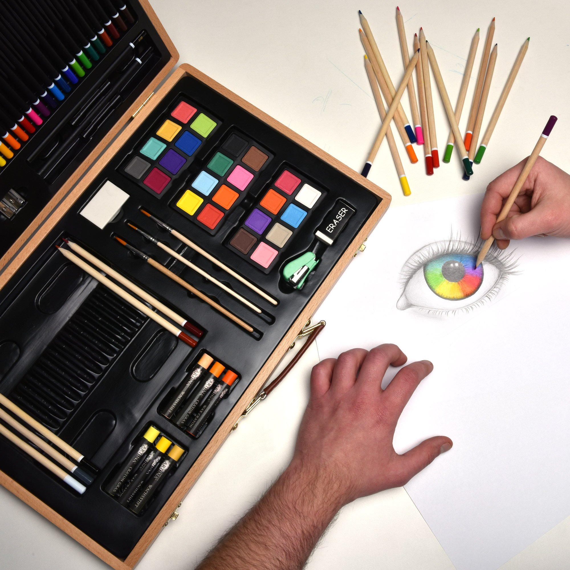Image secondaire de Artina Set de 89 pièces avec coffret dessin Genova – Set de peinture XXL dans coffret en bois – Set de peinture avec des craies