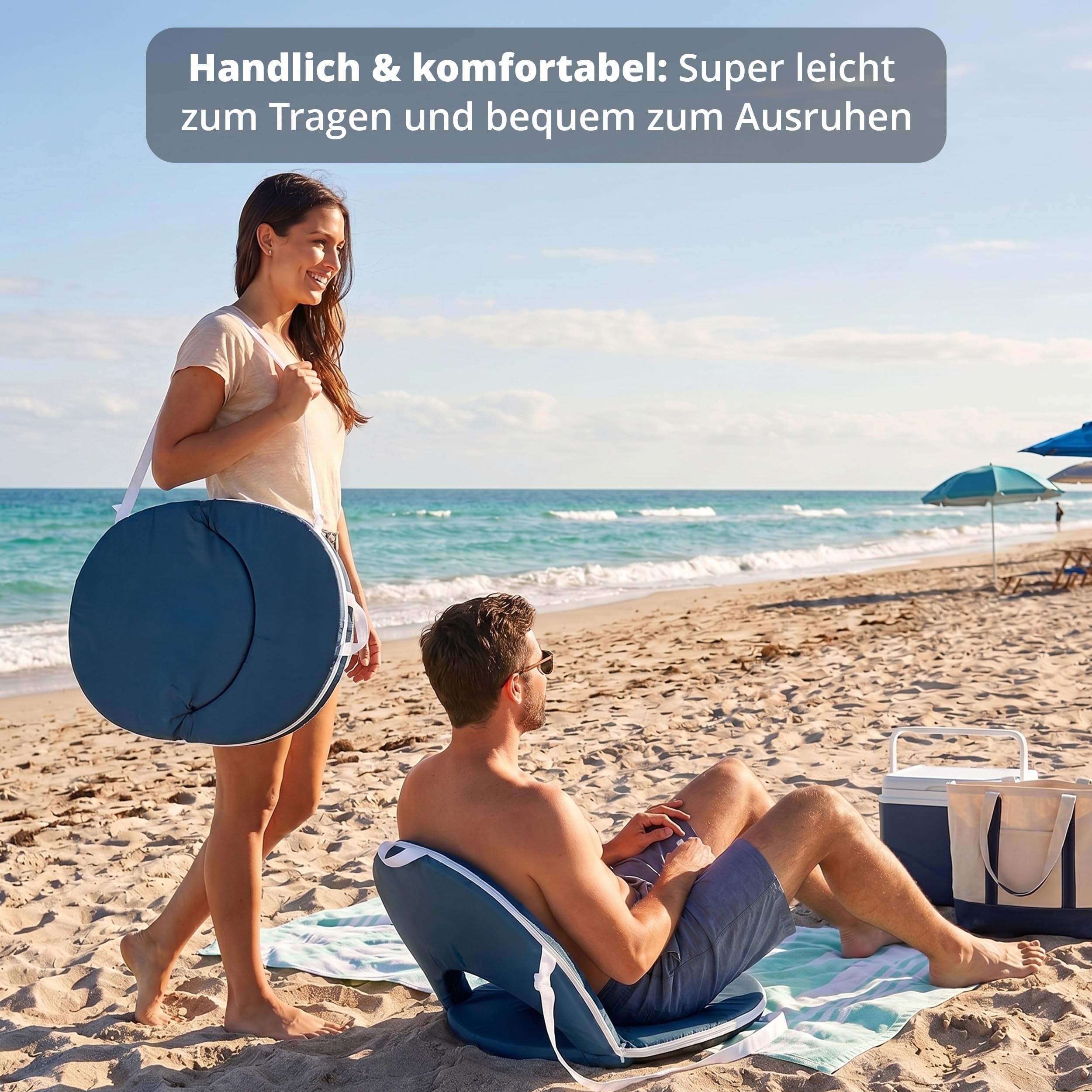KHG Sitzkissen 2 Stück blau, Strandliege mit Verstellbarer Rückenlehne | faltbarer Bodenstuhl aus Polyester und Stahl-Gestell mit Schulterriemen für Strand, Park usw, 2 kg 55x5x75 cm