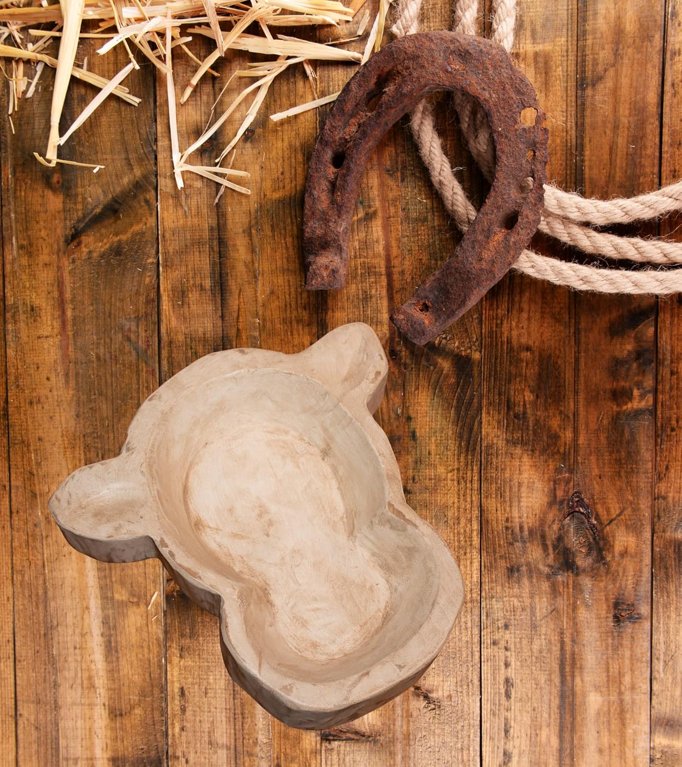 cow head large dough bowl for decor or candles unique antiqued hand carved centerpiece farmhouse holiday christmas gift 11x12x2- antique off white