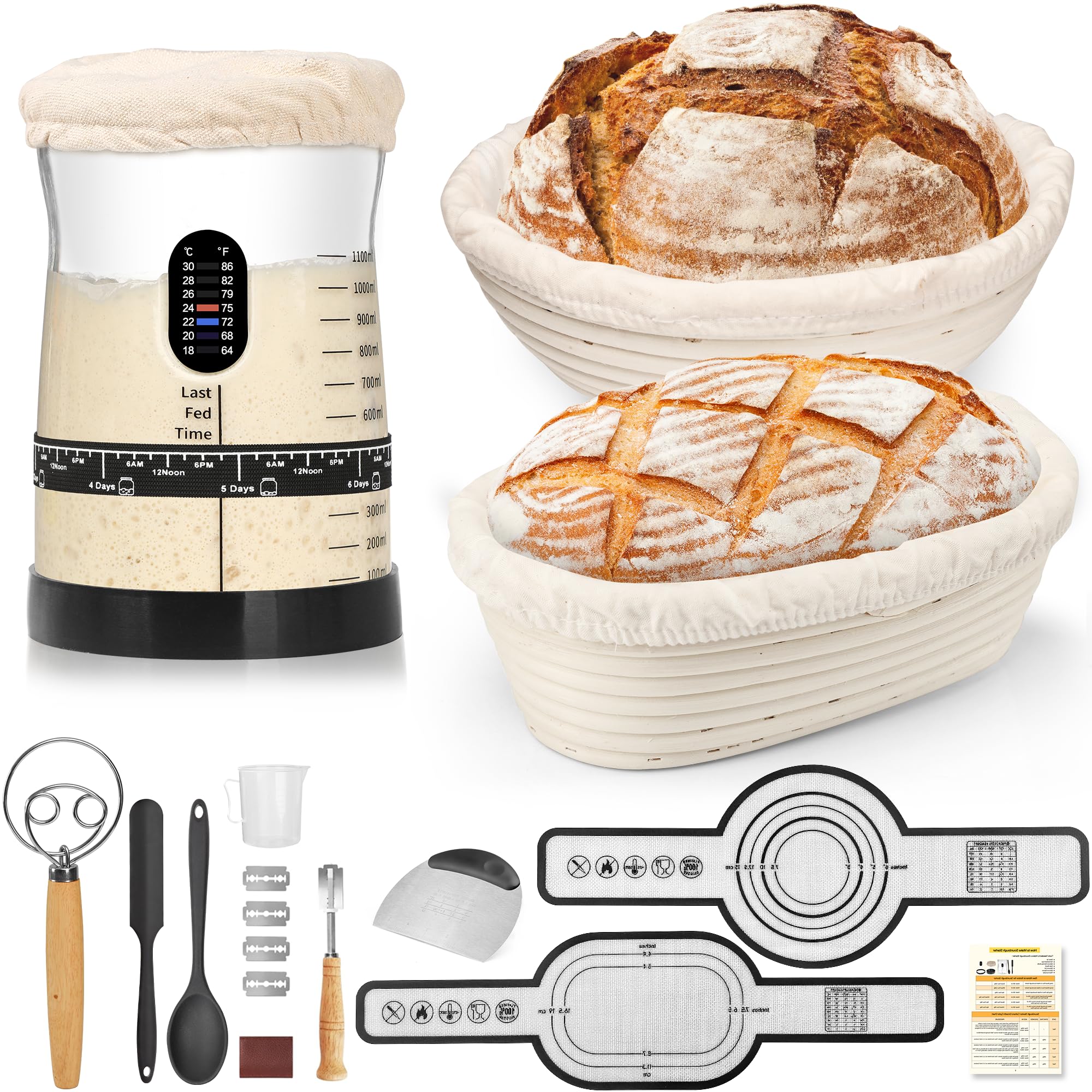 COCO BIRD Kit Pain au Levain, 2 Bannetons pour Pain Rond/Ovale, Bocal 1,5 L