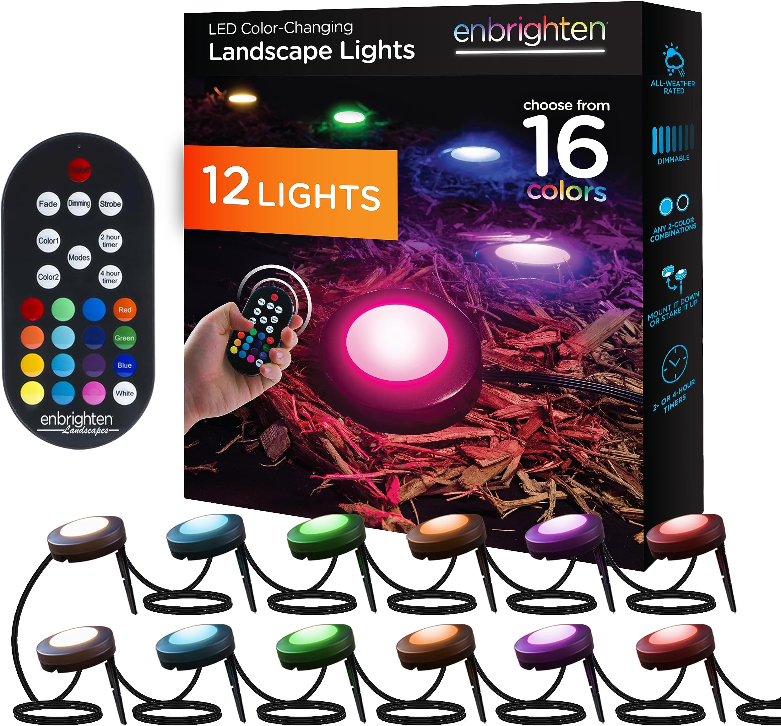 LED Ground Lights, 12 Path Lights, 110ft, Color Changing, Remote Control, Outdoor Path Lighting, 41017