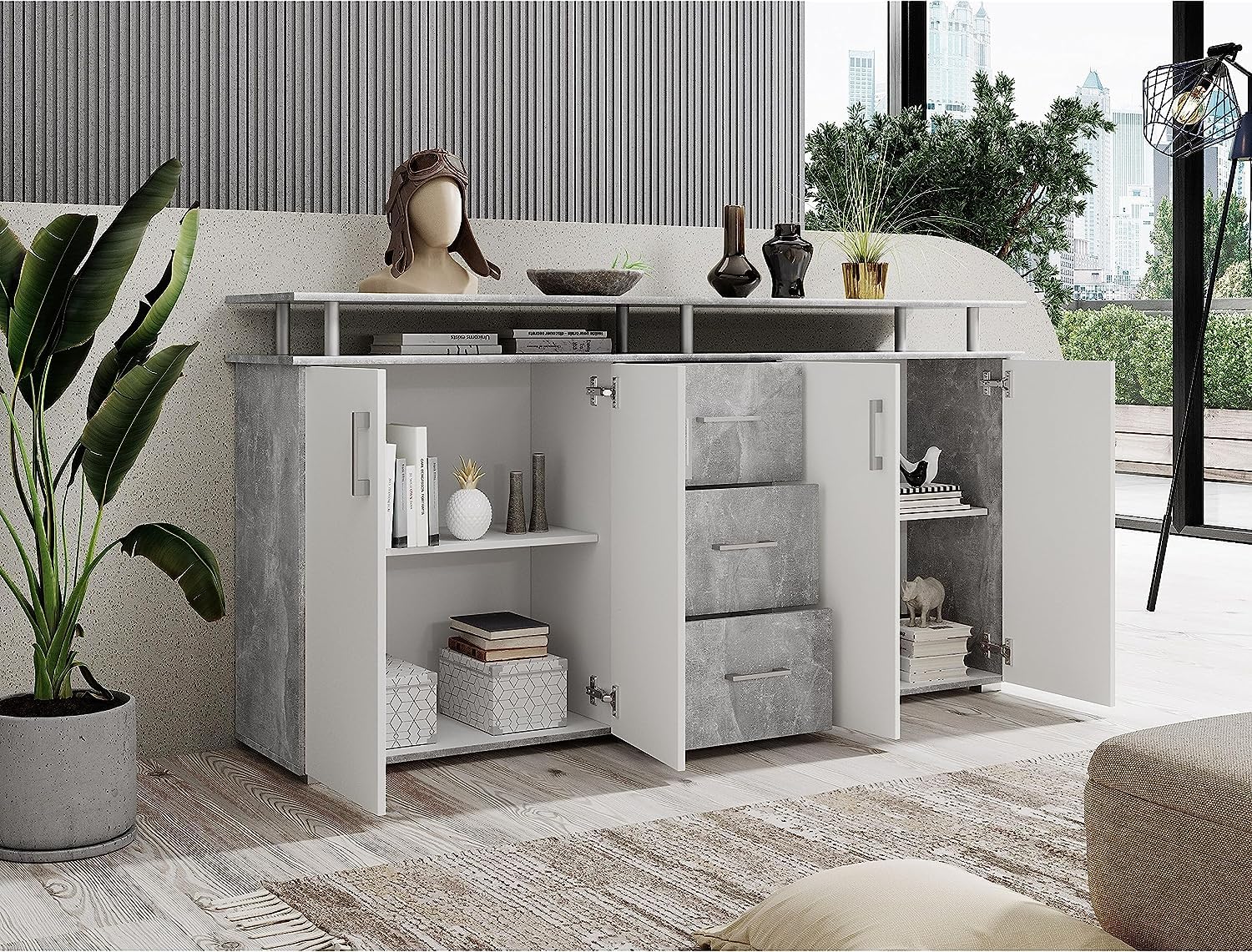 AVANTI TRENDSTORE - Lift - Comò spaziosa con 4 Ante a Battente e 3 cassetti, in Laminato Disponibile in 2 Diversi Colori, Dimensioni: Lap 176,5x90x38,5 cm (Grigio/Bianco)