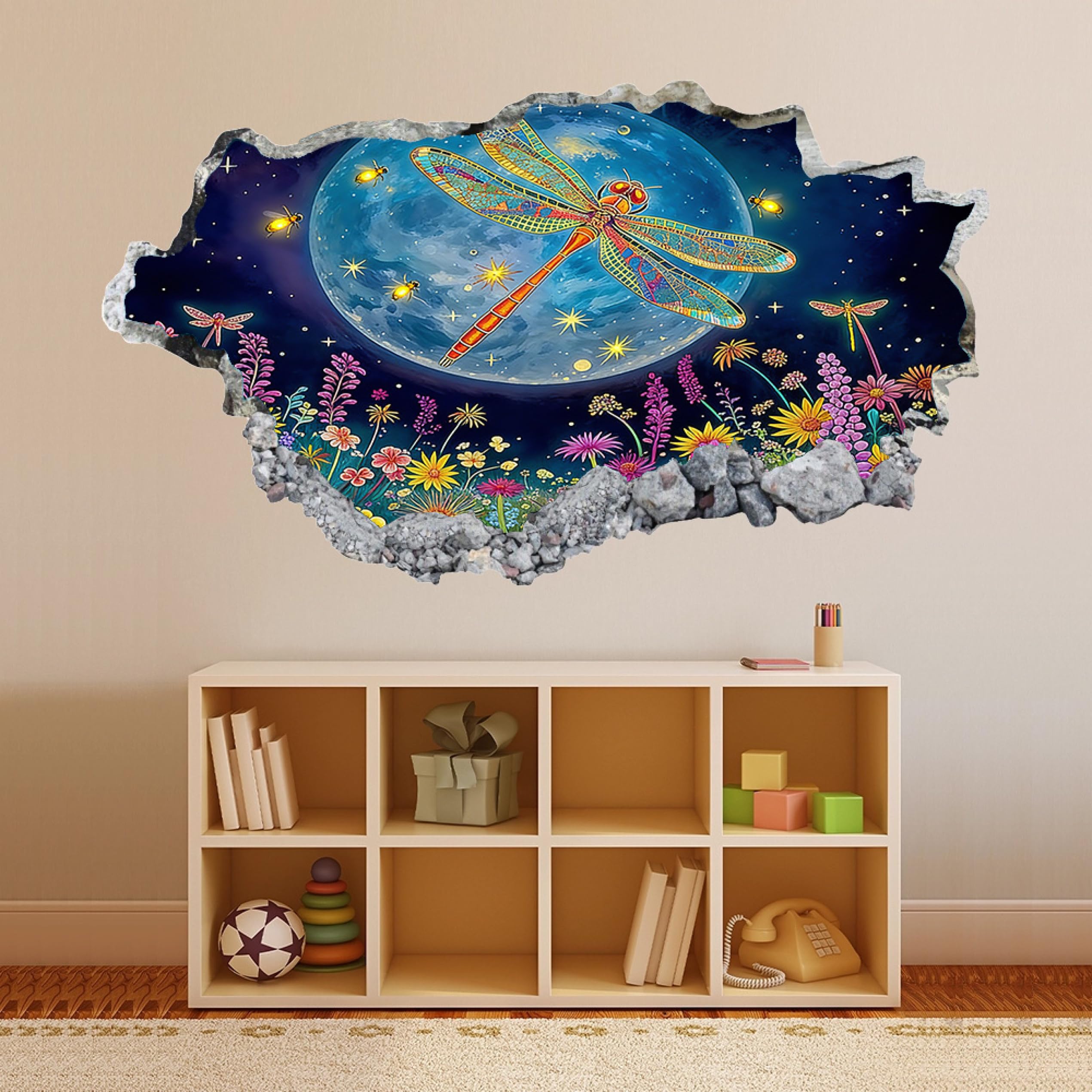Wandtattoo 3D Wandaufkleber Libelle Mondblume Wandsticker Wanddeko Wandbilder für Wohnzimmer Schlafzimmer Badezimmer Flur Küche Möbel Aufkleber 58x101cm