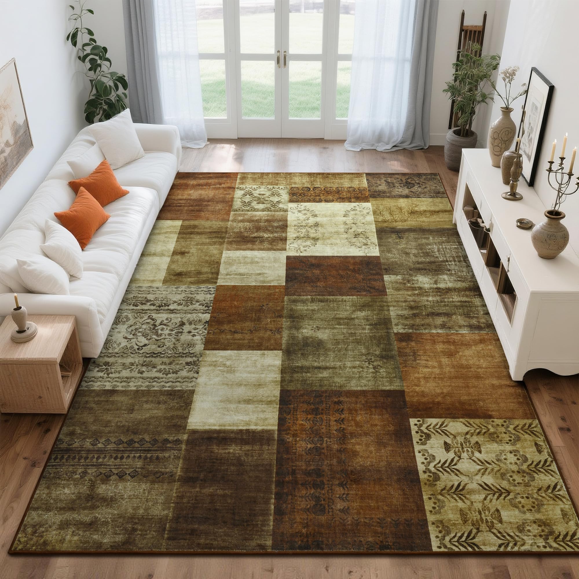 Tepook Modern Area Rug for Living Room, 8x10 Geometric Large Rugs for Bedroom, Washable Patchwork Rug Indoor Non-Slip Throw Carpets for Dining Room Office Farmhouse Home Decor, Brown