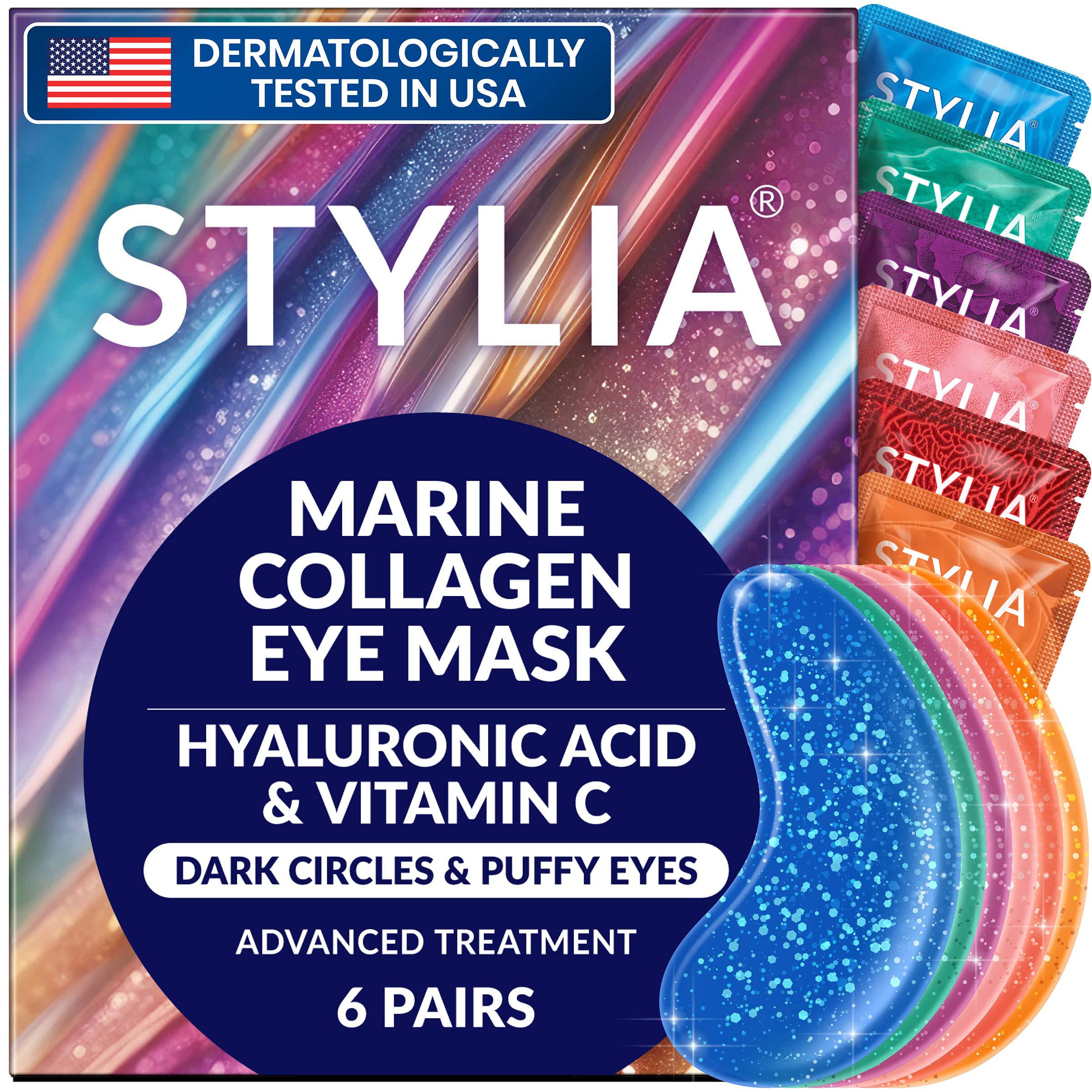 Stylia Collagen & Vitamin C Under Eye Patches for Puffy Eyes & Dark Circles - Depuffing, Hydrating & Firming Under Eye Mask with Hyaluronic Acid - Stocking Stuffers for Teen Girls, Vegan (6 Pairs)