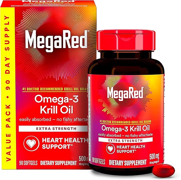 MegaRed Antarctic Krill Oil 500mg Omega 3 Fatty Acid Supplement, Extra Strength EPA & DHA Krill Oil Softgels (90cnt Box), Astaxanthin, Heart Health Supplement with No Fish Oil Aftertaste