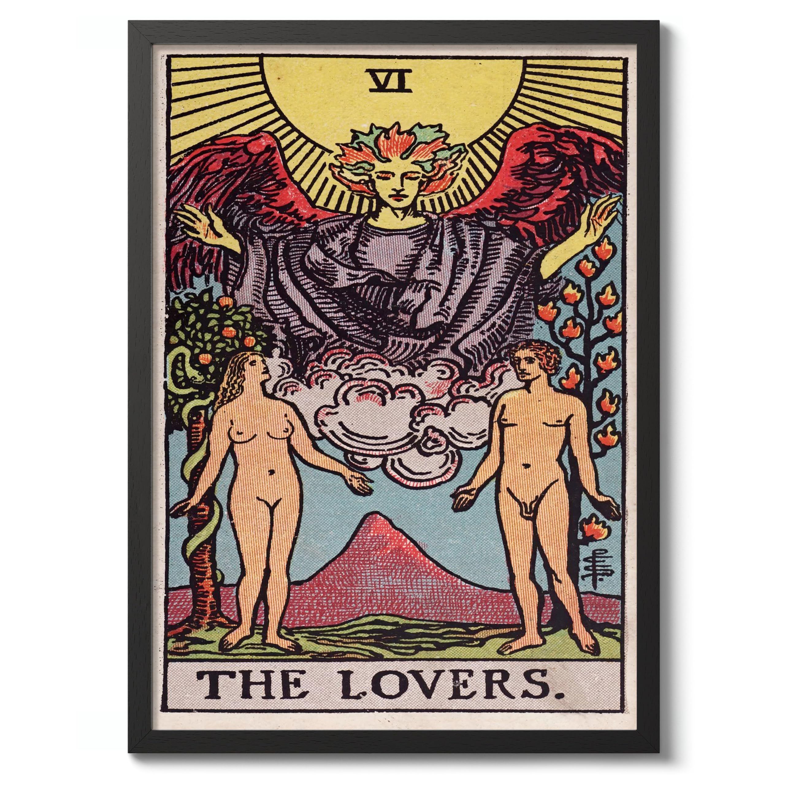 The Lovers Vintage Tarot Art Print, Spiritual Wall Art Poster, Retro Mystical Bedroom Home Decor, A2 (Black Frame) - 62.5x45.1cm โ image 1