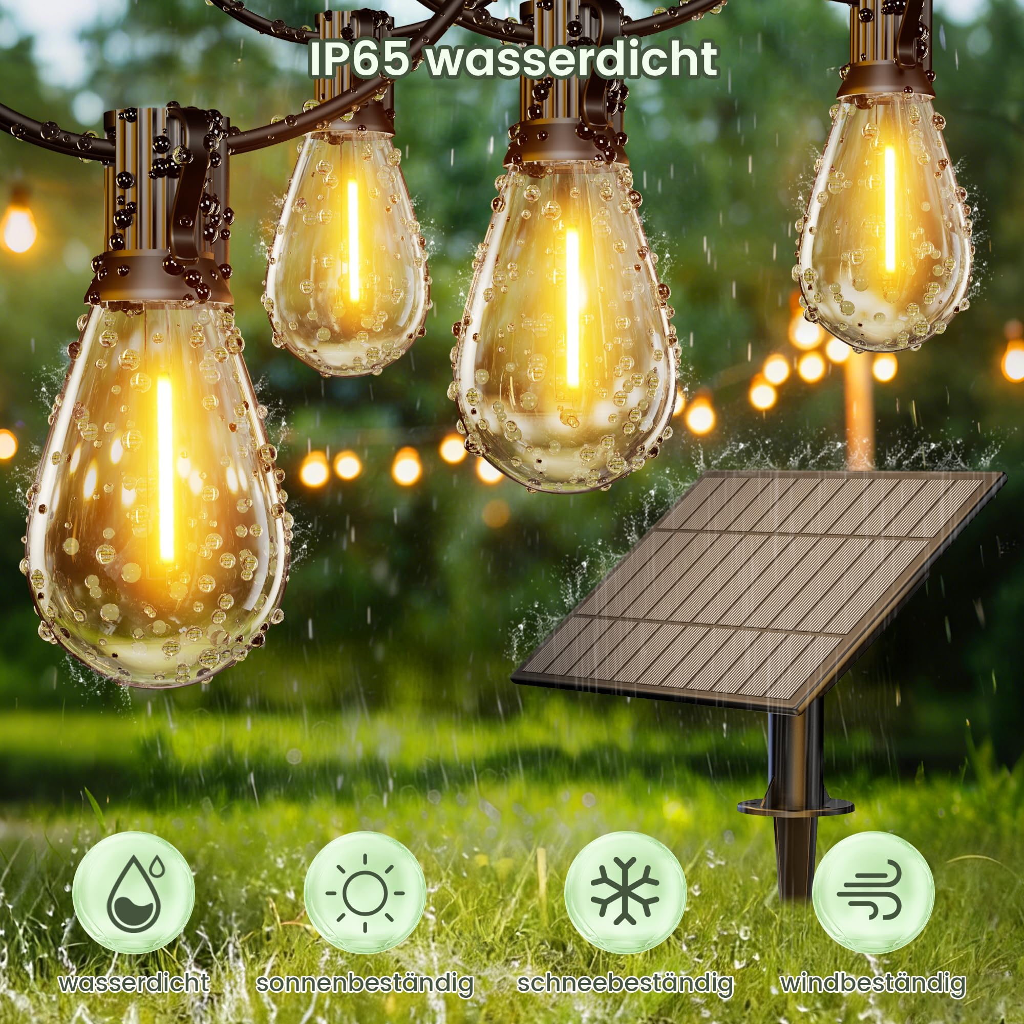 OHLUX 45m Solar-Lichterkette für den Außenbereich mit Fernbedienung, USB, Timer, 62 bruchsicheren LEDs, 2200K warmweiß, dimmbar, IP65 wasserdicht für Terrasse, Garten, Party, Hochzeit